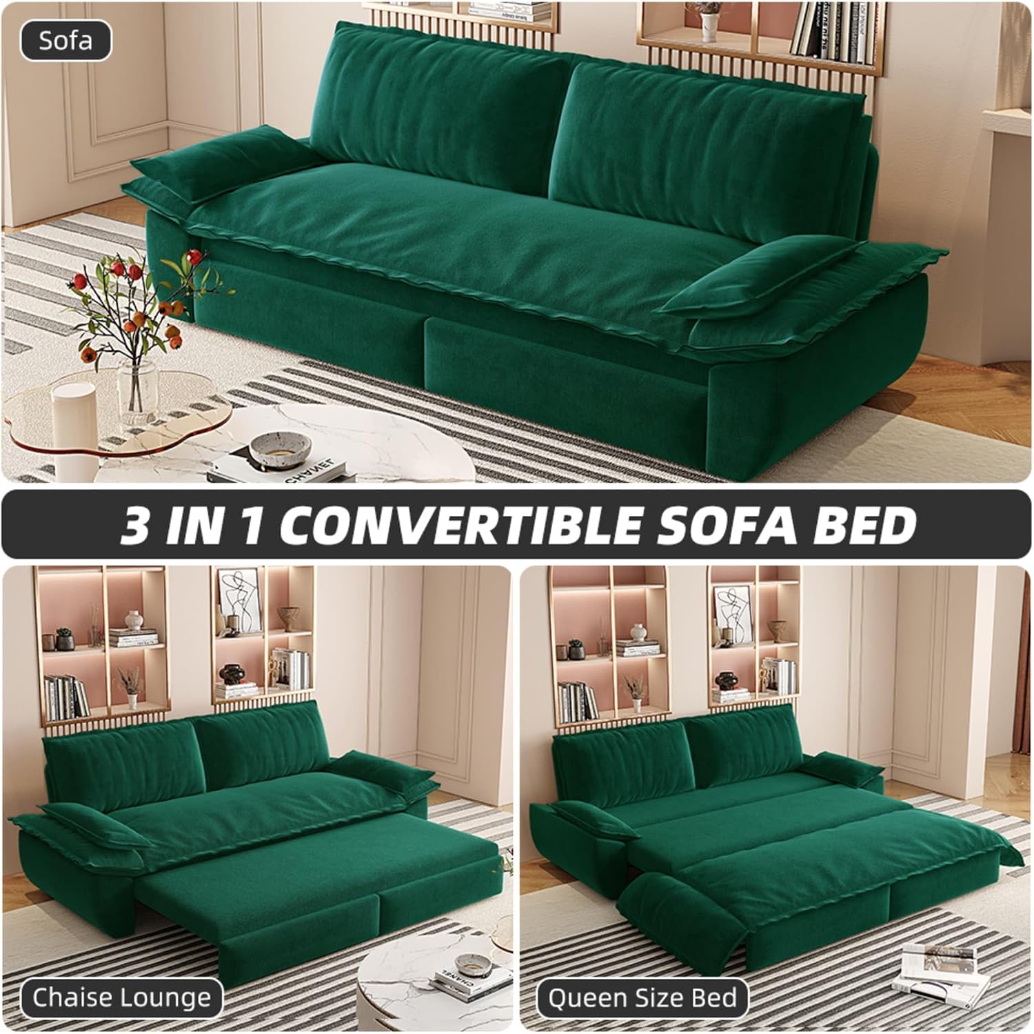 3 in 1 Convertible Queen Sleeper Sofa Bed Comfy Pull Out Futon Couch Bed 73.2' Modern Velvet Recliner Loveseat Sofa Multi-Functional Green Cloud Couch for Living Room,Apartment,Office (Green 73.2')