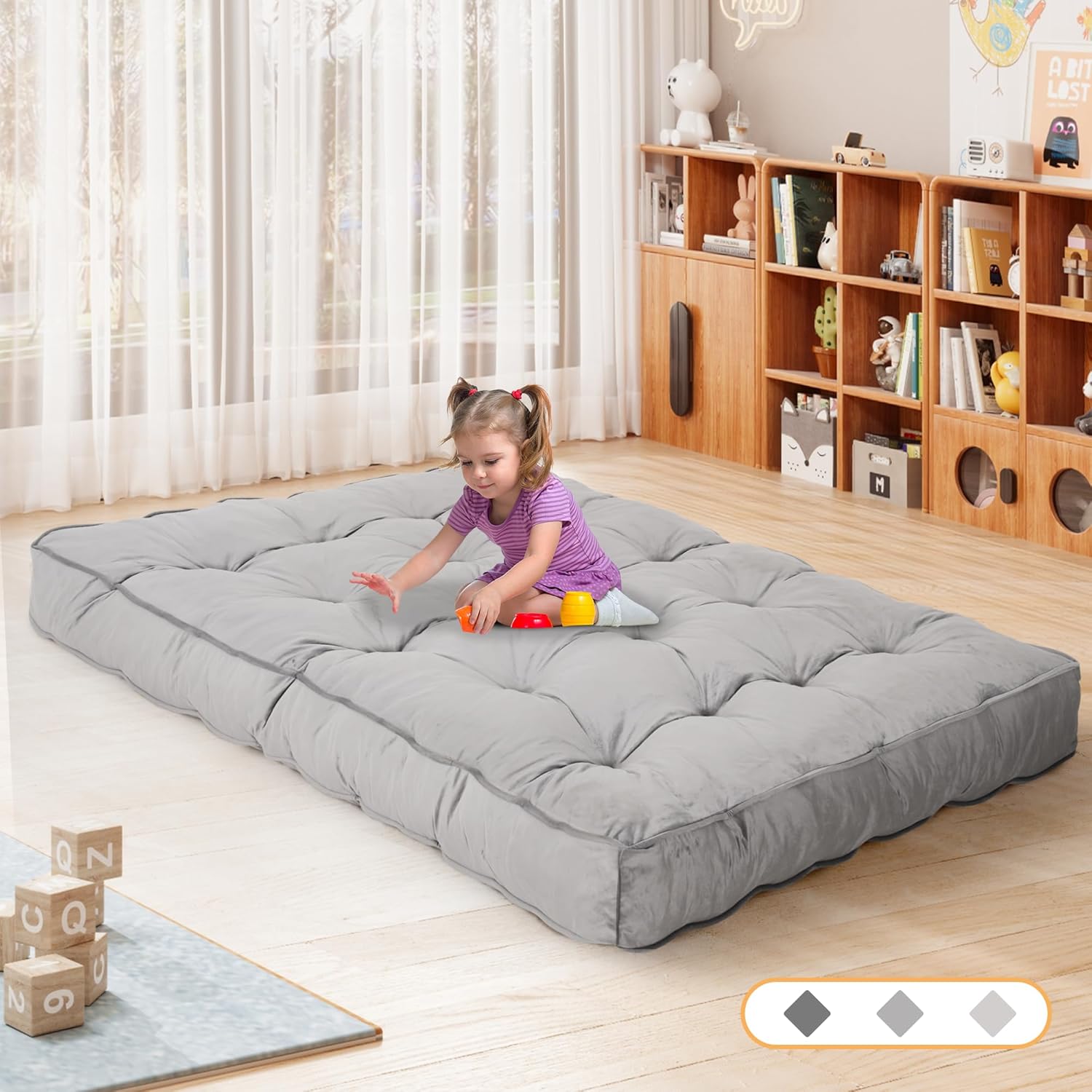 8' Full Size Futon Mattress Sofa Bed, Extra Thick Foldable Floor Mattress, Shredded Foam Filling for Adults/Teens/Pets with No Assembly Needed, Frame Not Included - Grey