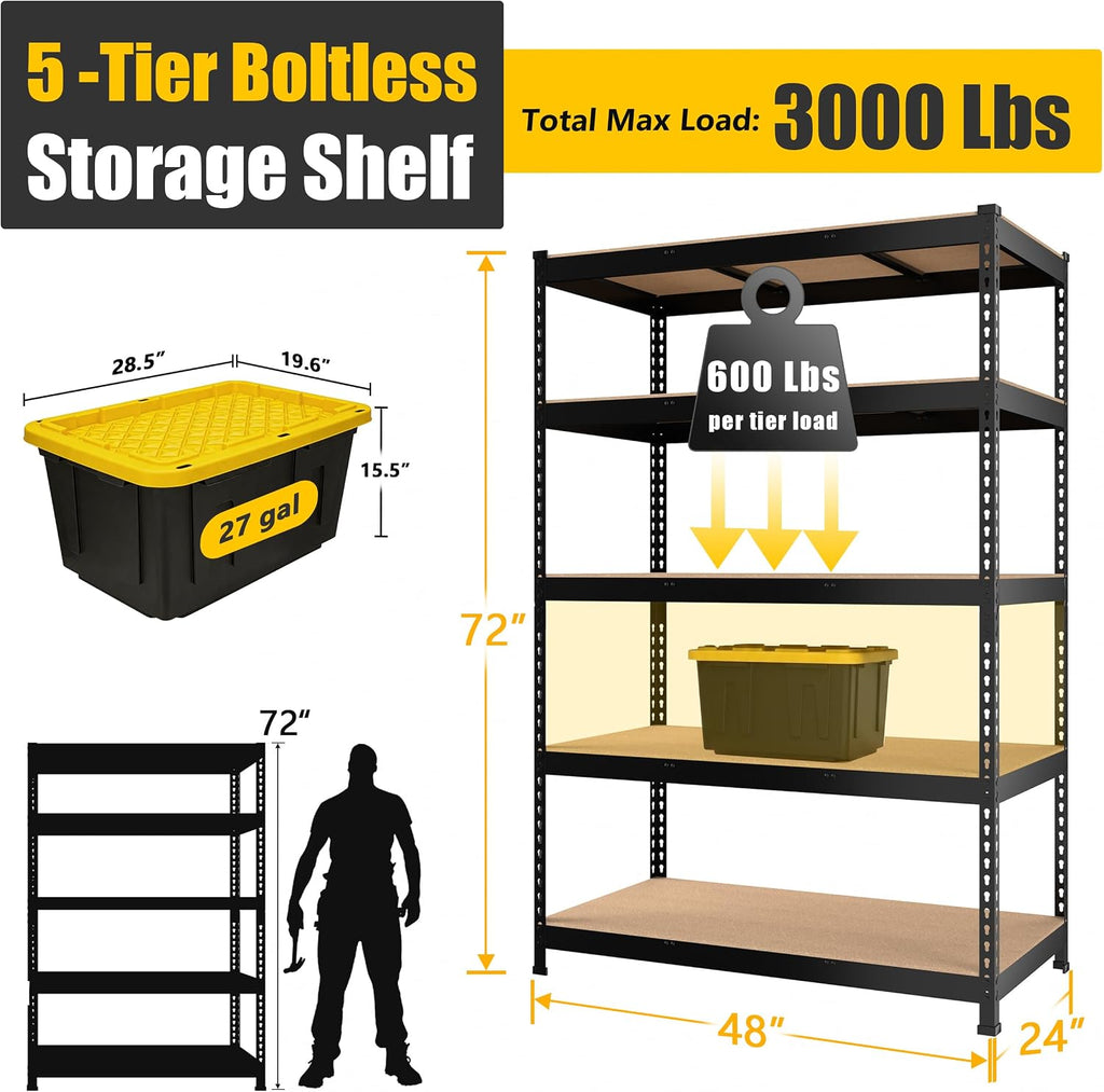 PrimeZone 48' x 24' x 72' Heavy Duty Storage Shelves - 5 Tier Adjustable Garage Storage Shelving, Metal Storage Utility Rack Shelf Unit for Warehouse Pantry Closet Kitchen, Black