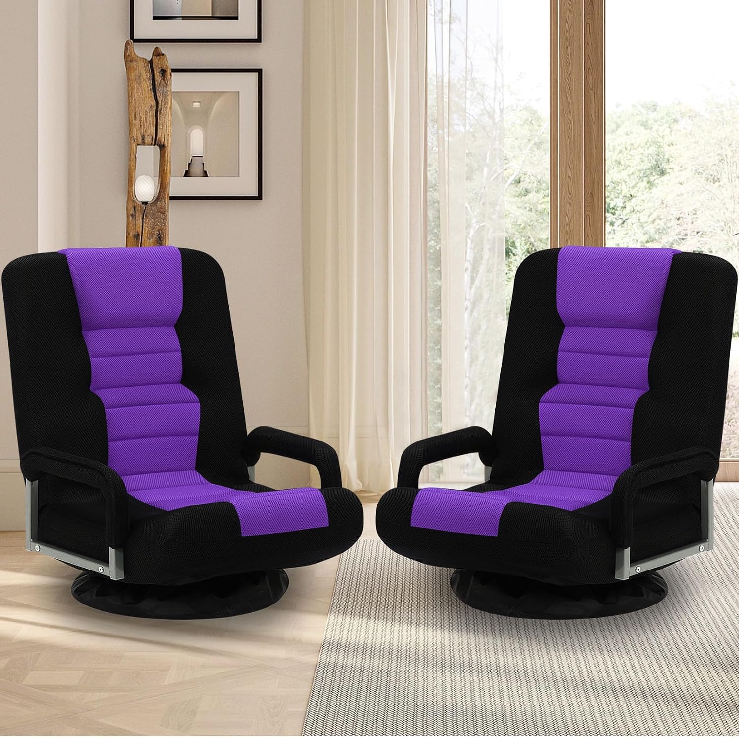 Swivel Gaming Chair Multipurpose 2PACK Floor Gaming Chair for Playing Video Games, TV, Reading w/Armrest Lumbar Support & 6 Adjustable Postion Backrest for Adults,Purple