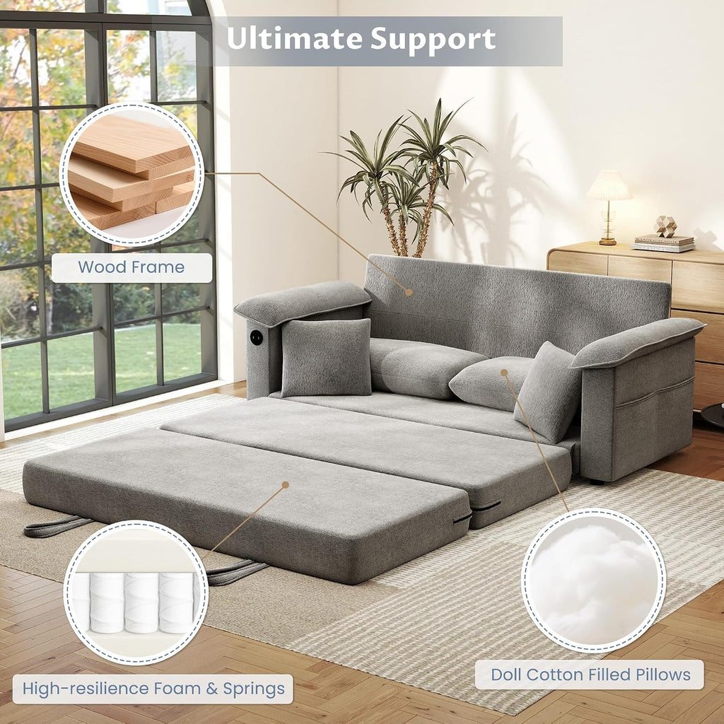 SUNWAVE 77' Sleeper Sofa Convertible Sofa Bed with USB Ports & Side Pockets, Chenille Loveseat Pull Out Couch with Full Size Sleeping Area, Folding Sofa Bed for Living Room & Small Spaces (Gray)
