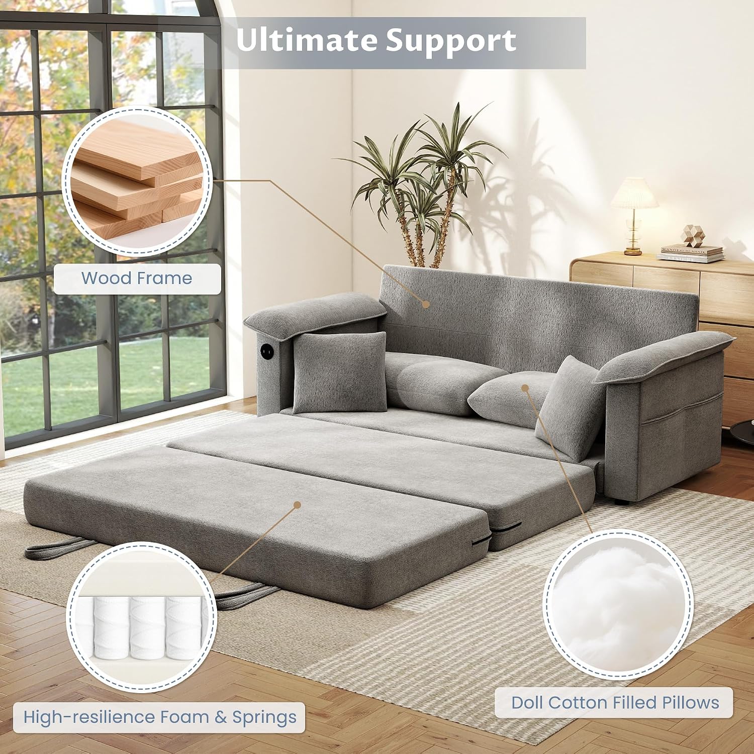 SUNWAVE 77' Sleeper Sofa Convertible Sofa Bed with USB Ports & Side Pockets, Chenille Loveseat Pull Out Couch with Full Size Sleeping Area, Folding Sofa Bed for Living Room & Small Spaces (Gray)