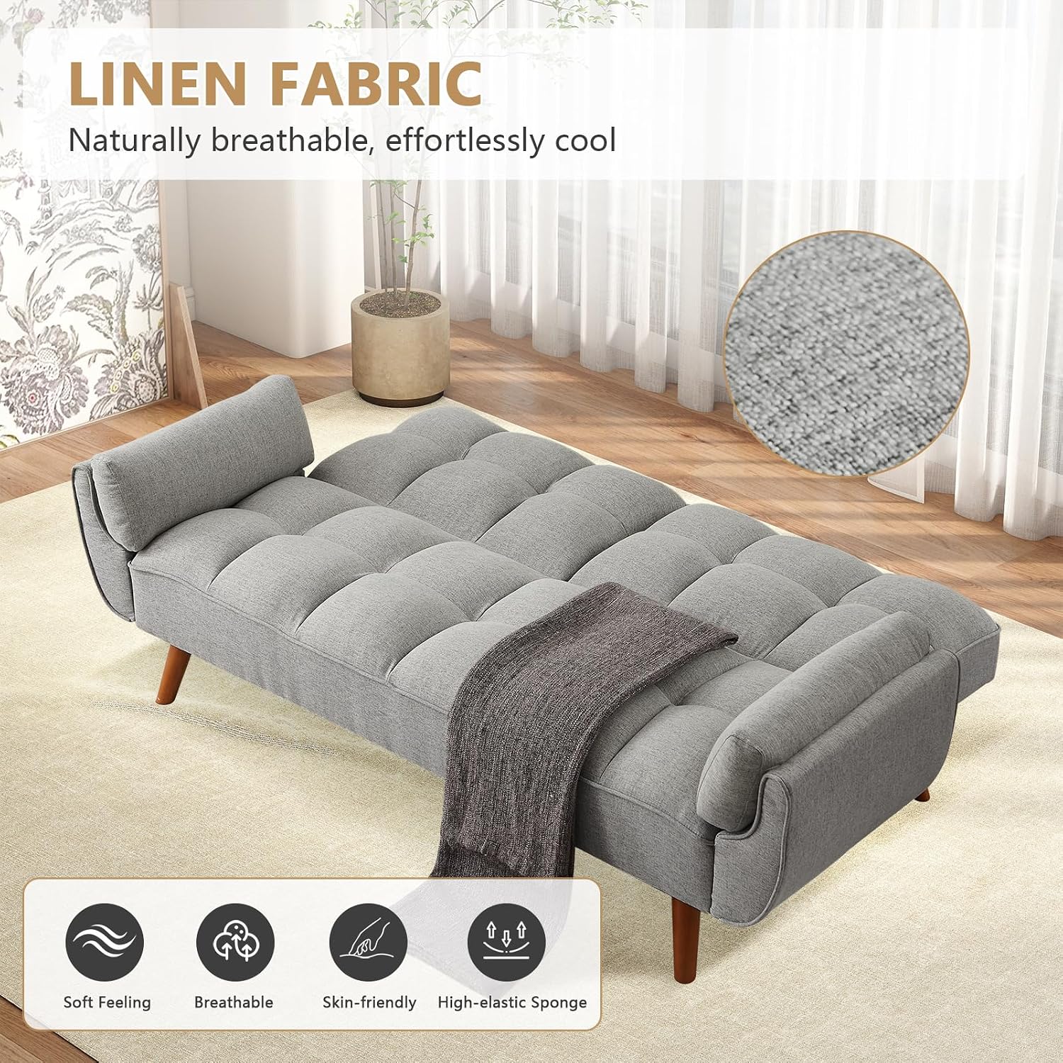 75' Convertible Futon Sofa Bed, Sleeper Couch Bed with Adjustable Backrest, Small Couches for Small Spaces, Living Room, Bedroom and Office (Gray)