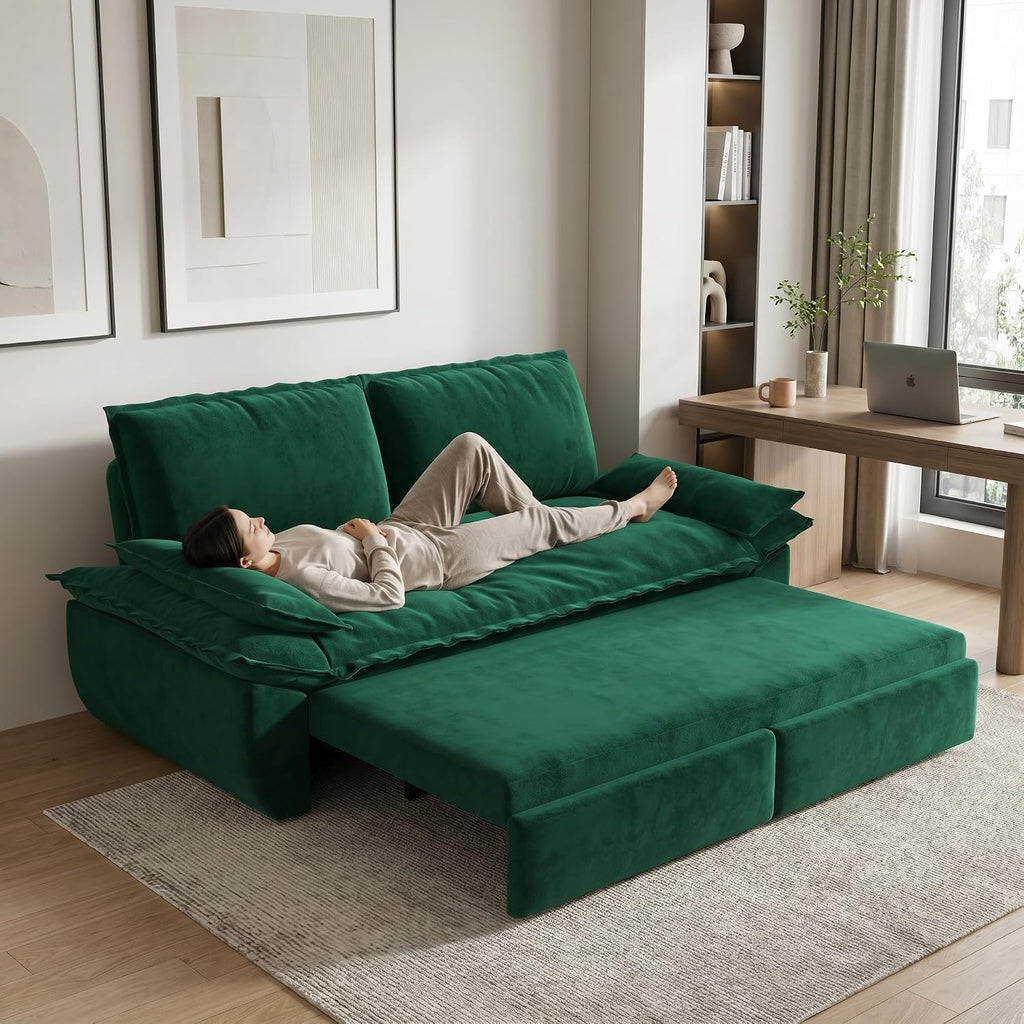 73.2' Sofa Bed Queen, 3-in-1 Pull Out Sofa Bed with Pillow Armrest, Modern Velvet Convertible Sleeper Futon Sofa for Living Room Small Space, Apartment, Bedroom, Green