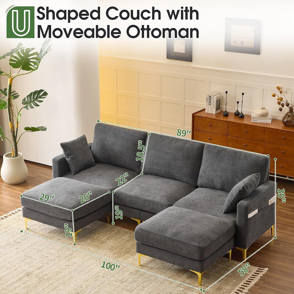 VINGLI 100' W U Shaped Couch with Ottoman, 22' Deep Seat Comfortable Sectional Couches for Living Room, 3 Seater Chenille Fabric Cloud Sofa for Apartment, Small Spaces, Bedroom, Grey