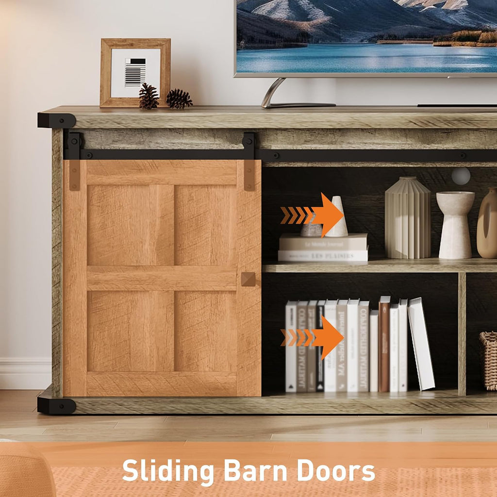 Garvee 70 in TV Stand for 75 in TVs, Farmhouse Entertainment Center and Media Furniture with Sliding Barn Doors & Storage Cabinets, Mid Century Modern TV Console Table for Living Room Bedroom