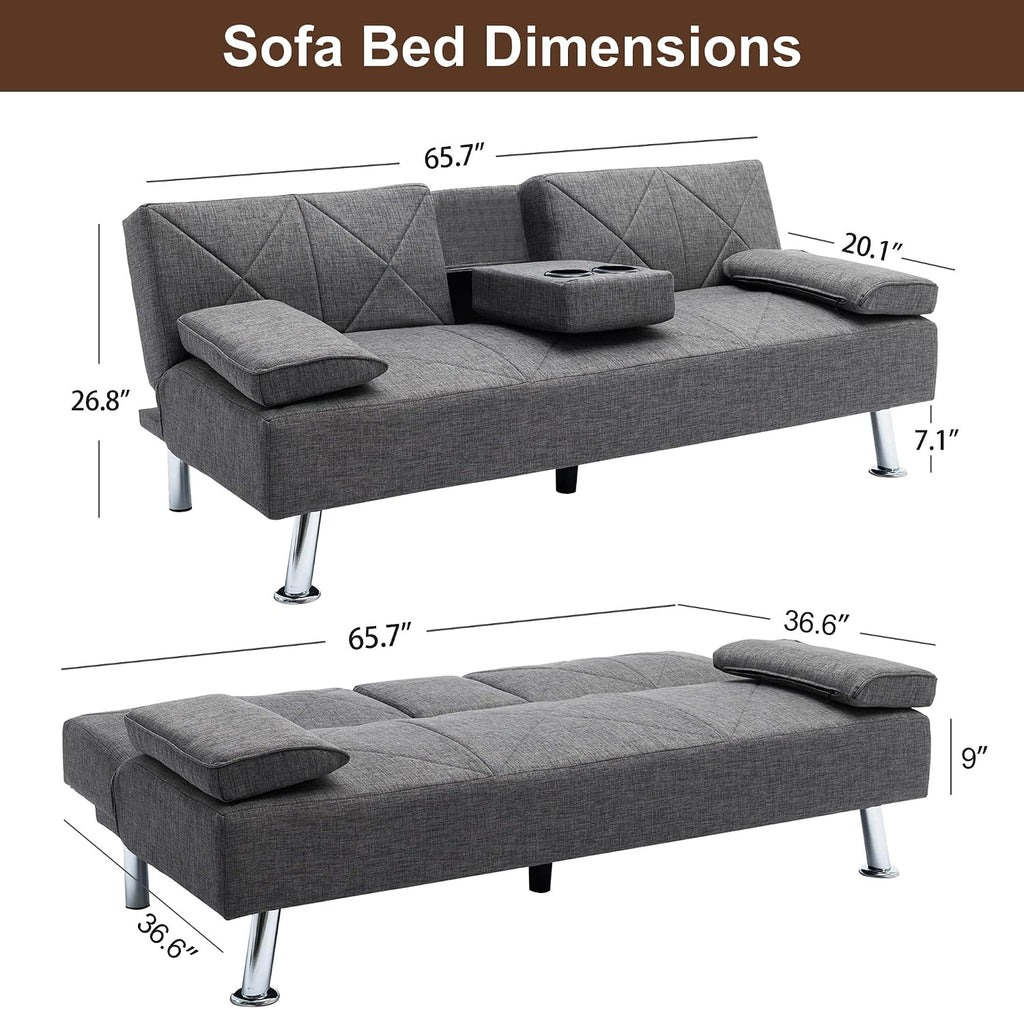 VECELO Modern Convertible Folding Futon Sofa Bed with Removable Armrests Breathable Linen Recliner Couch for Living Room/Apartment Lounge, 2 Cup Holders