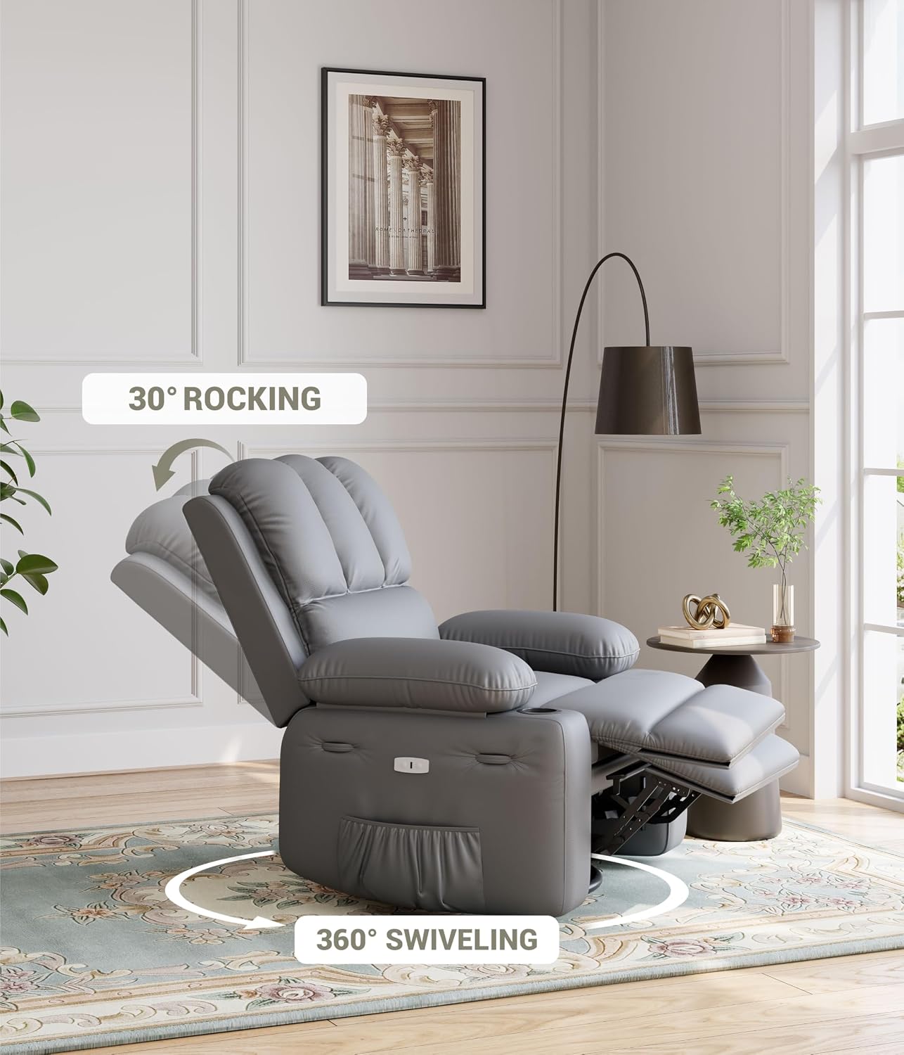 Electric Recliner Chair for Living Room, 360° Swivel Electric Massage Recliner Chair, with Massage & Heat, USB Port, Cup Holders, Side Pocket, Ergonomic Lounge, Adults, Nursery or Bedroom