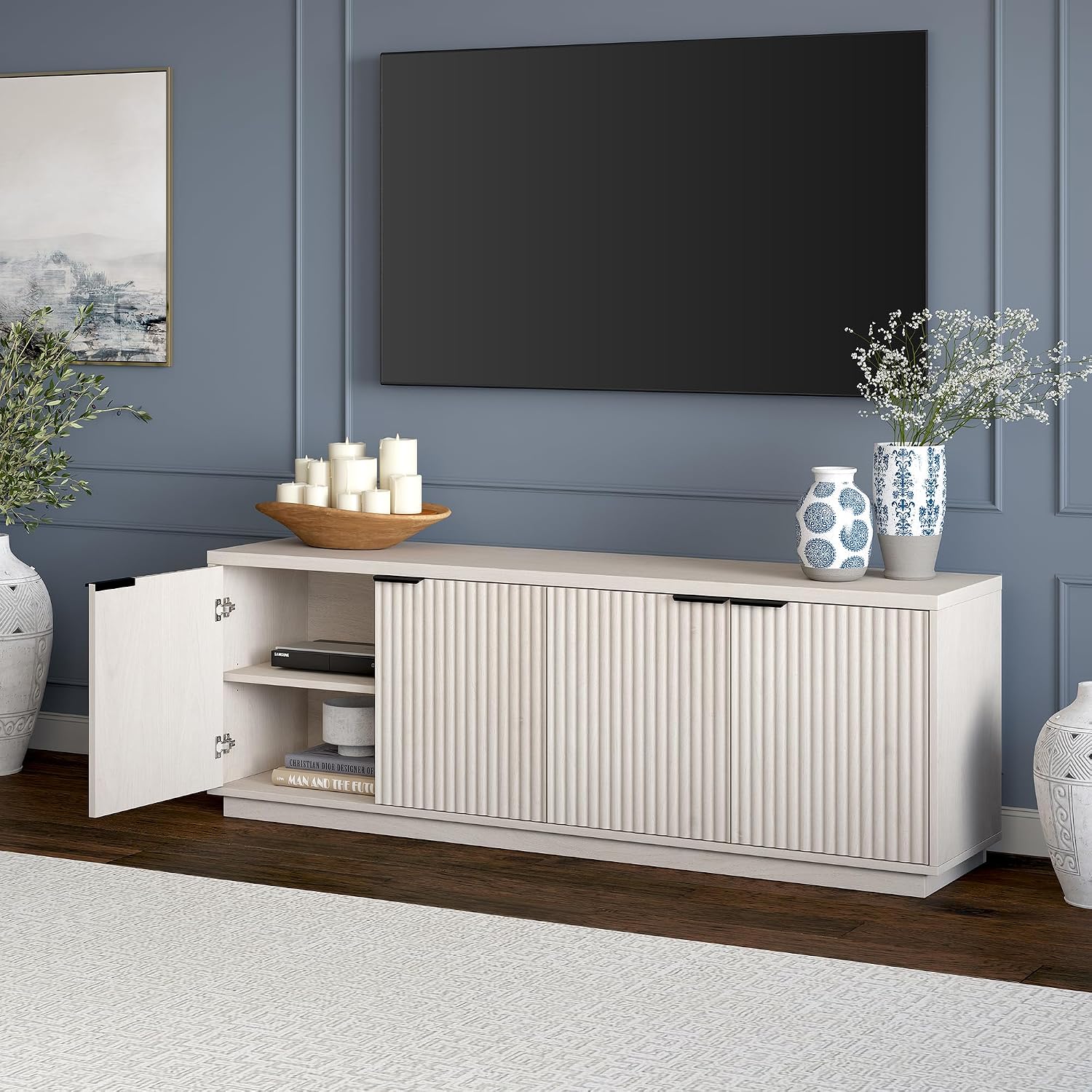 Henn&Hart Fluted TV Stand for TVs up to 78' with 2 Ribbed Storage Cabinets and Adjustable Shelves for Living Room, Family Room, or Office, Beech White