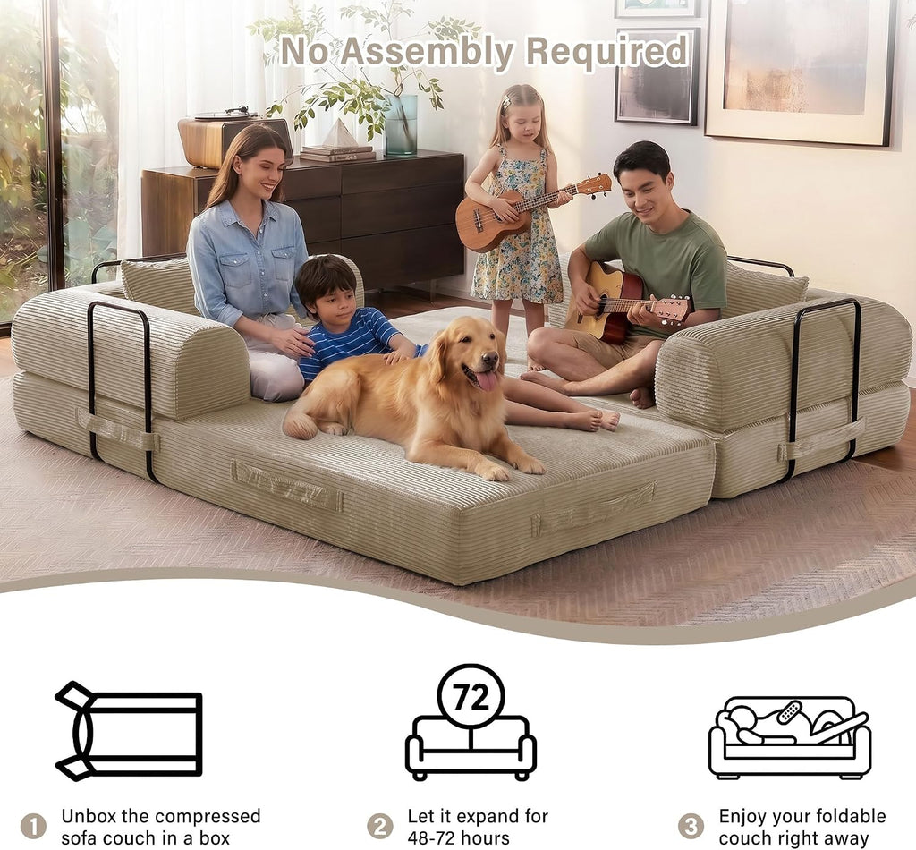 79' Convertible Sofa Bed, 5-in-1 Corduroy Boneless Couch Bed Sofa Pull Out, Memory Foam Couch, No Assembly Futon Couches for Living Room (Beige)