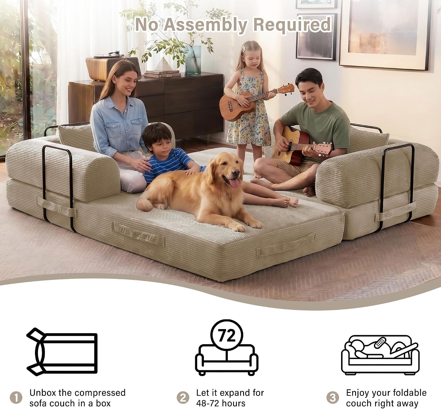 79' Convertible Sofa Bed, 5-in-1 Corduroy Boneless Couch Bed Sofa Pull Out, Memory Foam Couch, No Assembly Futon Couches for Living Room (Beige)