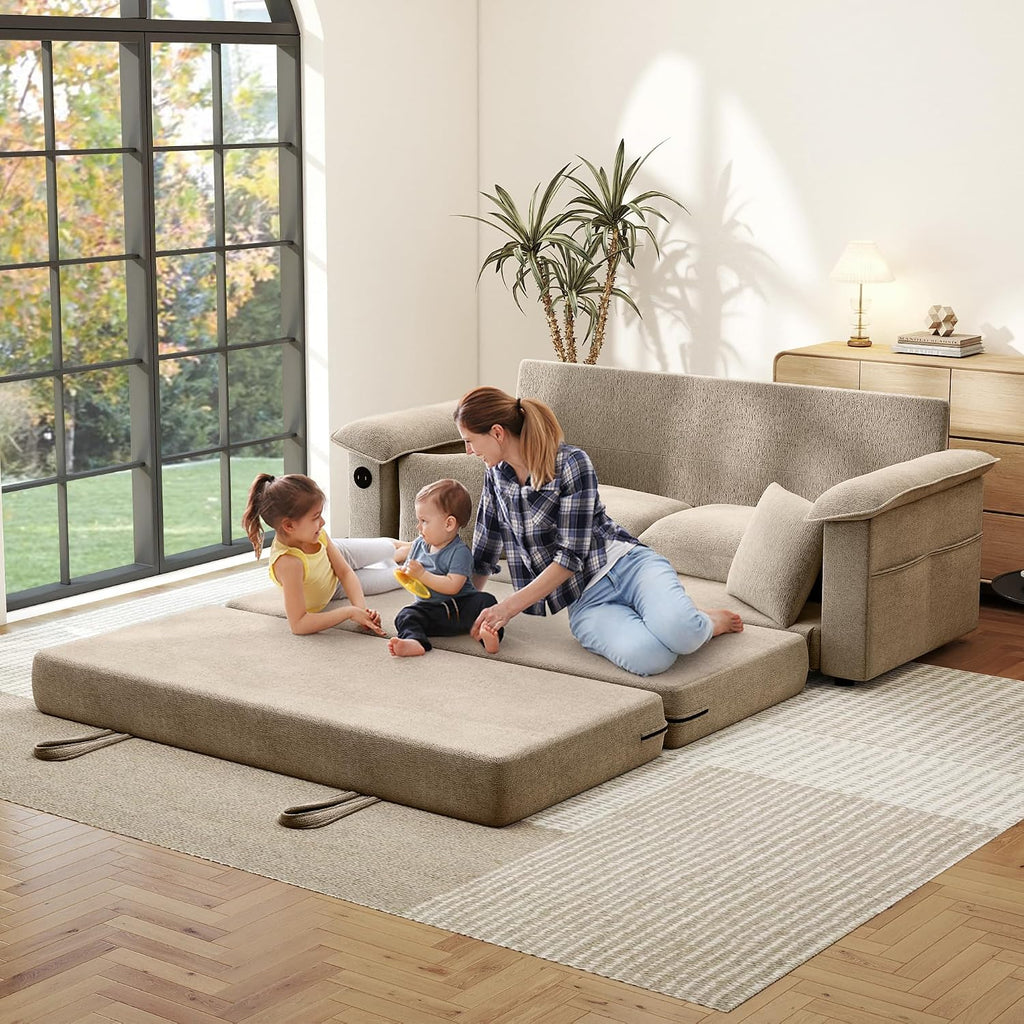 SUNWAVE 77' Sleeper Sofa Convertible Sofa Bed with USB Ports & Side Pockets, Chenille Loveseat Pull Out Couch with Full Size Sleeping Area, Folding Sofa Bed for Living Room & Small Spaces (Khaki)