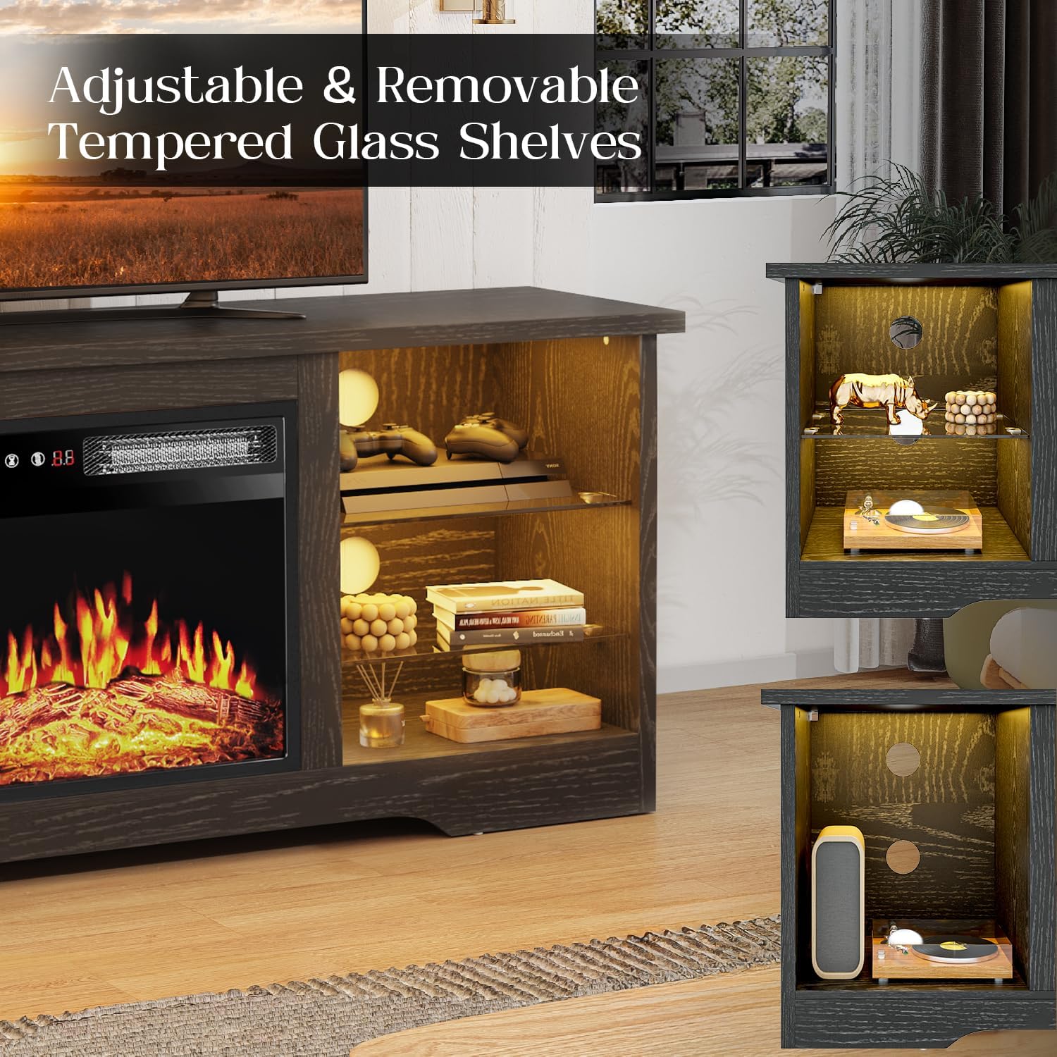 VITESSE 58 Inches Fireplace TV Stand for TVs up to 65 Inches Console with 18'' Electric Fireplace & Remote,Wooden Modern Entertainment Center for Living Room with LED Light Glass Shelves（Black）