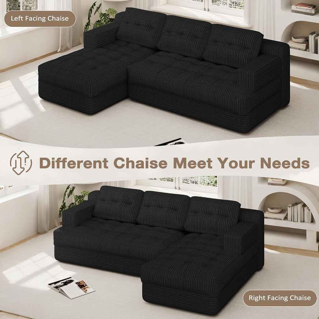 Boneless Couch, 2026 New Boneless Sectional Couch with Deep Seat & Chaise for Small Spaces, Upholstered Cloud Couch Sectional Boneless Couches for Living Room, No Assembly, Right Facing Chaise, Black