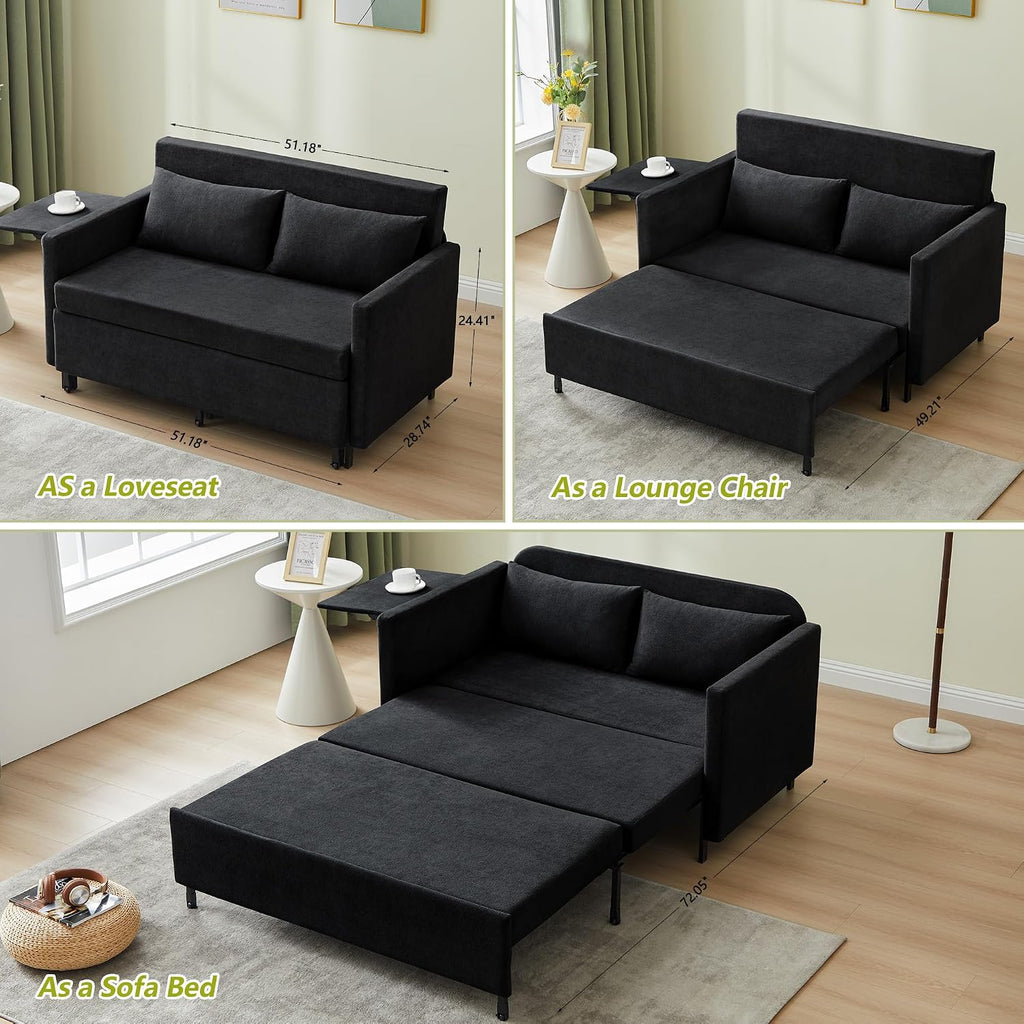 51'' Small Pull Out Sofa Bed, 3-in-1 Convertible Sleeper Couch Bed, Chenille Futon Sleeper Sofa with Side Table and 2 Pillows, Modern Loveseat Couch for Living Room, Bedroom, Home Office (Black)