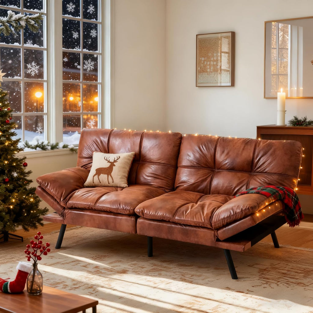 MUUEGM Futon Sofa Bed 71' Walnut Convertible Memory Foam Futon Couch Bed Modern Loveseat Sleeper with Adjustable Backrests Armrests for Living Room,Small Space,Office