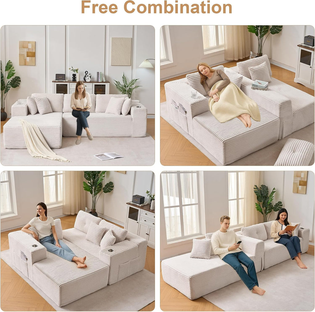 Modular Sectional Sofa, 105' L Shaped Comfy Cloud Couch with Deep Seat, Boneless Couch for Living Room, Corduroy Modular Sofa with Chaise and Cup Holders, No Assembly Required, Beige