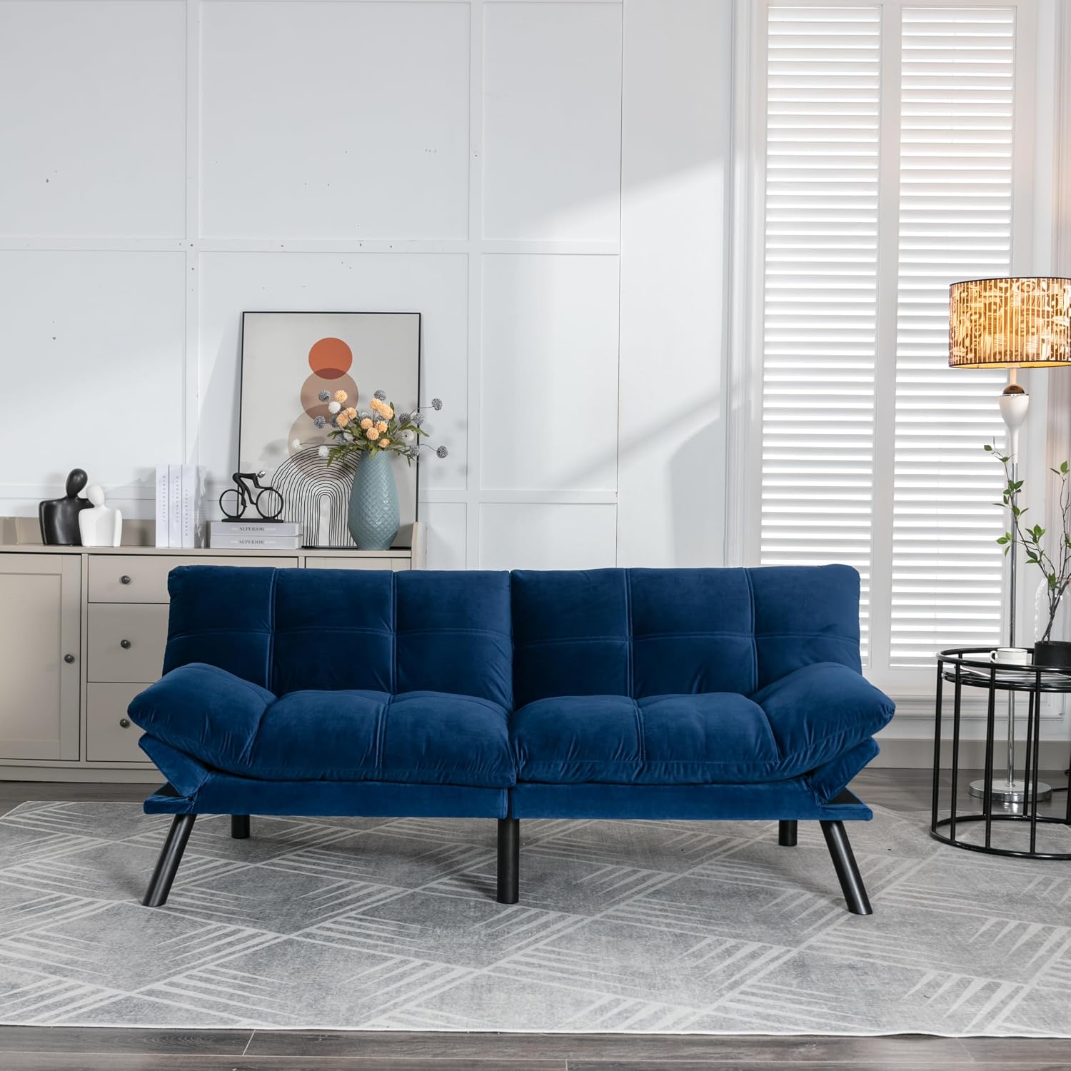 Convertible Futon Sofa Bed for Small Spaces, Modern Multi-Functional Sleeper with Adjustable Backrest, Tufted Brown Fabric Couch for Living Room, Apartment, Dorm (Navy Blue)