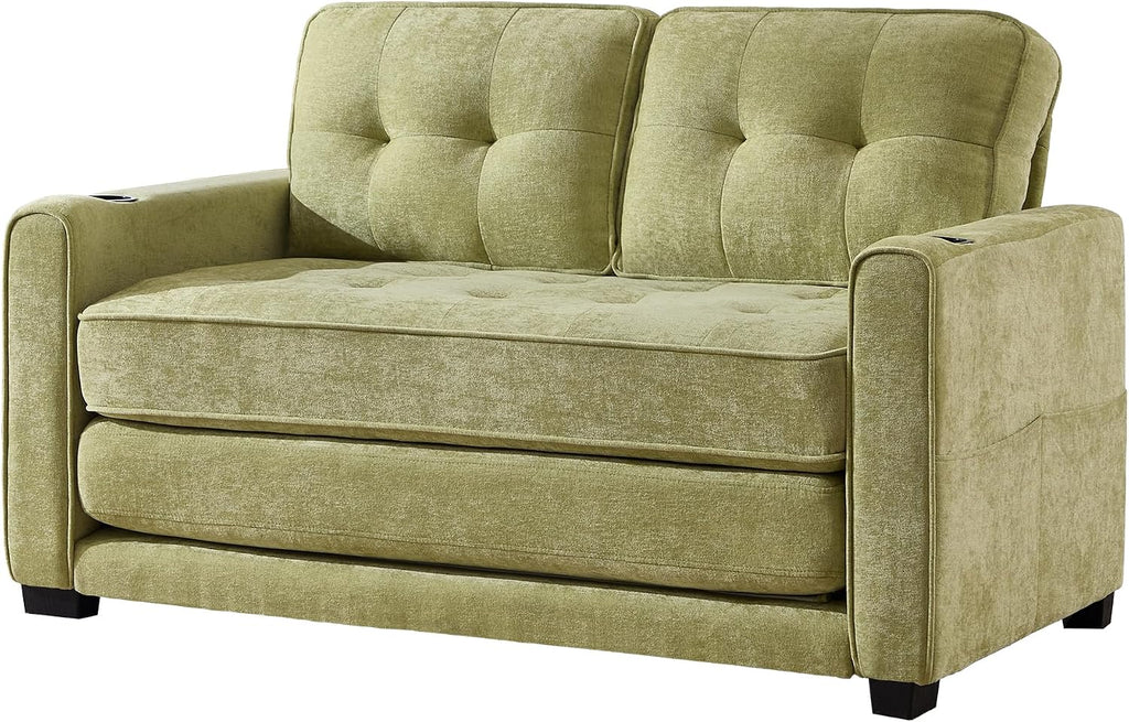 Convertible Sofa Bed, Pull Out Loveseat Sleeper Couch,Linen Fabric 2 in 1 Folding Couch Bed, Fold Out Floor Futon Couches with Cup Holder for Living Room, Bedroom,Small Space, Green