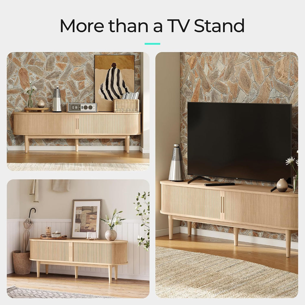 LINSY HOME 58' Fluted TV Stand for TVs up to 65 Inch, Mid Century Modern Entertainment Center with Storage Cabinet and Sliding Doors, Farmhouse Wood Media TV Console for Living Room, Bedroom, Oak