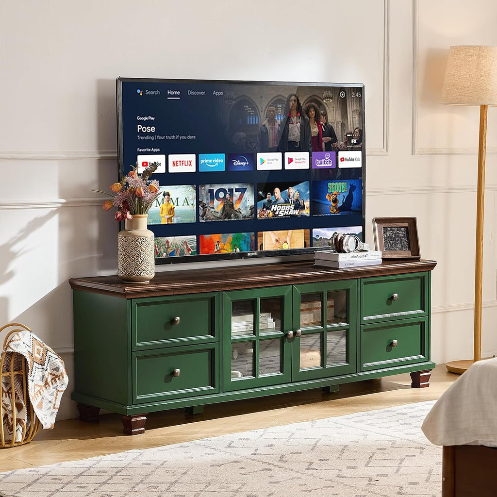 SAVOR LIFE Farmhouse TV Stand for Living Room, Rustic Green Entertainment Center with Storage Cabinet,Wood TV Console with 4 Drawers,Modern TV Stands for Bedroom,Green