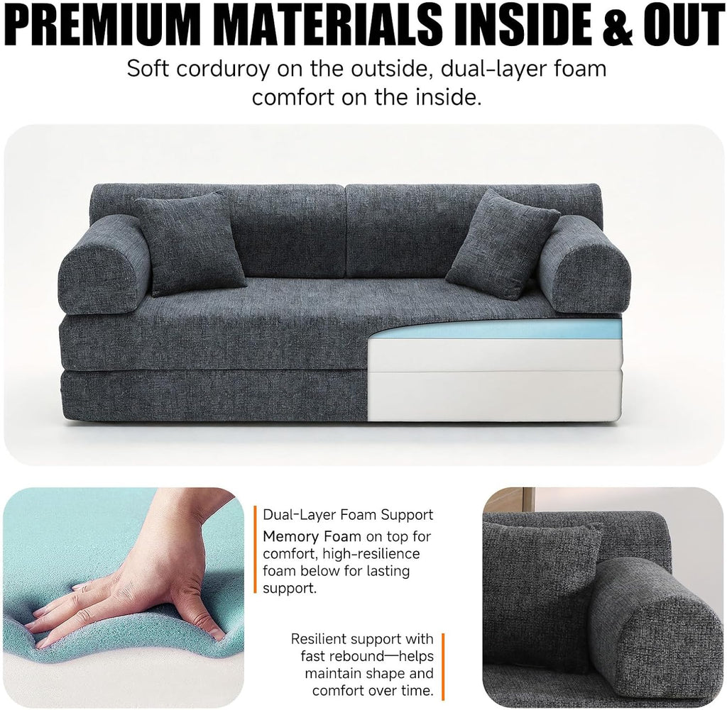 78.8' Memory Foam Boneless Couch, Corduroy Floor Sofa Bed, Convertible Sleeper Futon Loveseat, Wide Armrest & Back Support, Supports Up to 1200lbs, Couch in a Box with 2 Pillows, Charcoal Gray