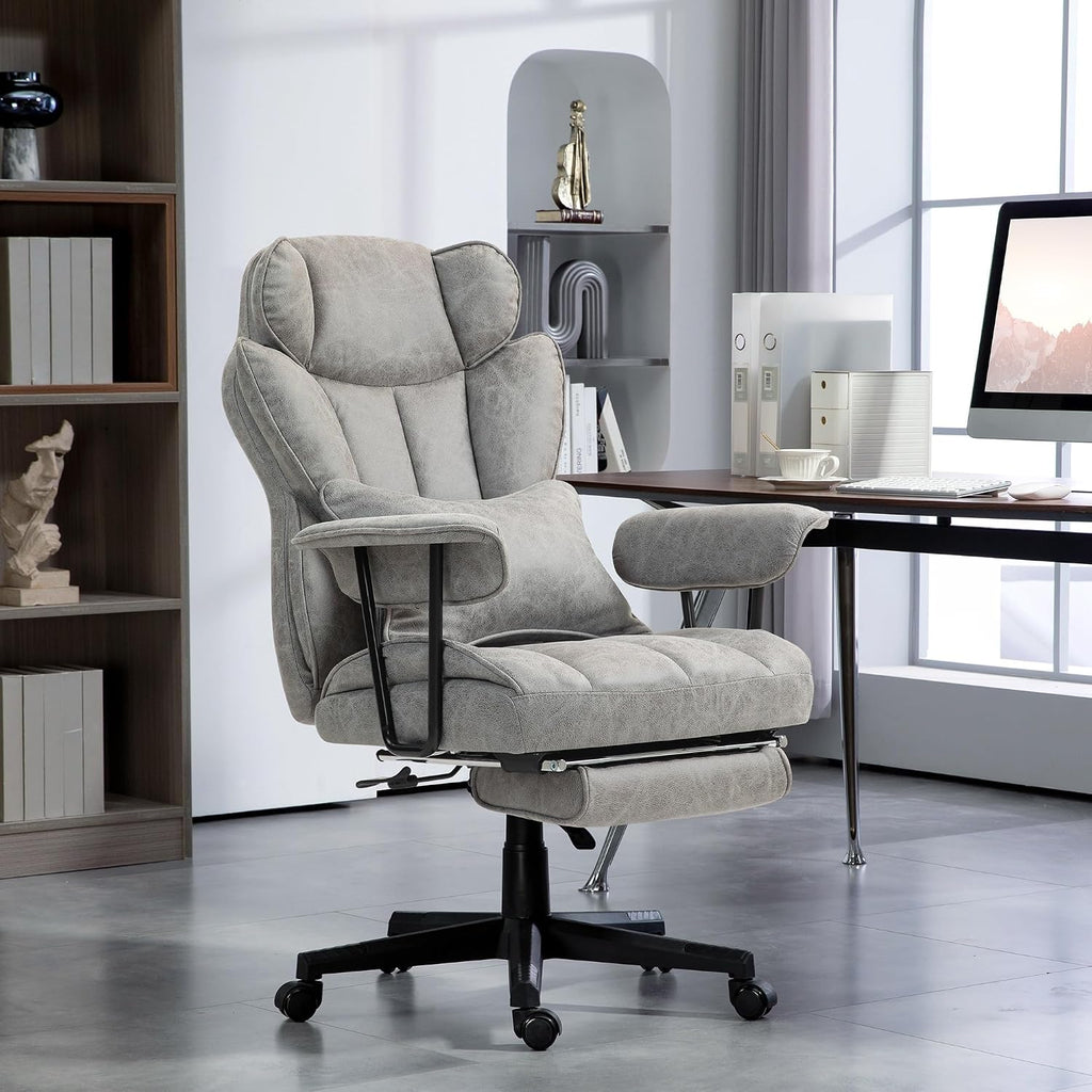 Executive Office Chair, 400LBS Big and Tall Office Chair with Foot Rest, Microfiber,with Lumbar Support, Reclining Function and Wide Seat, Gray