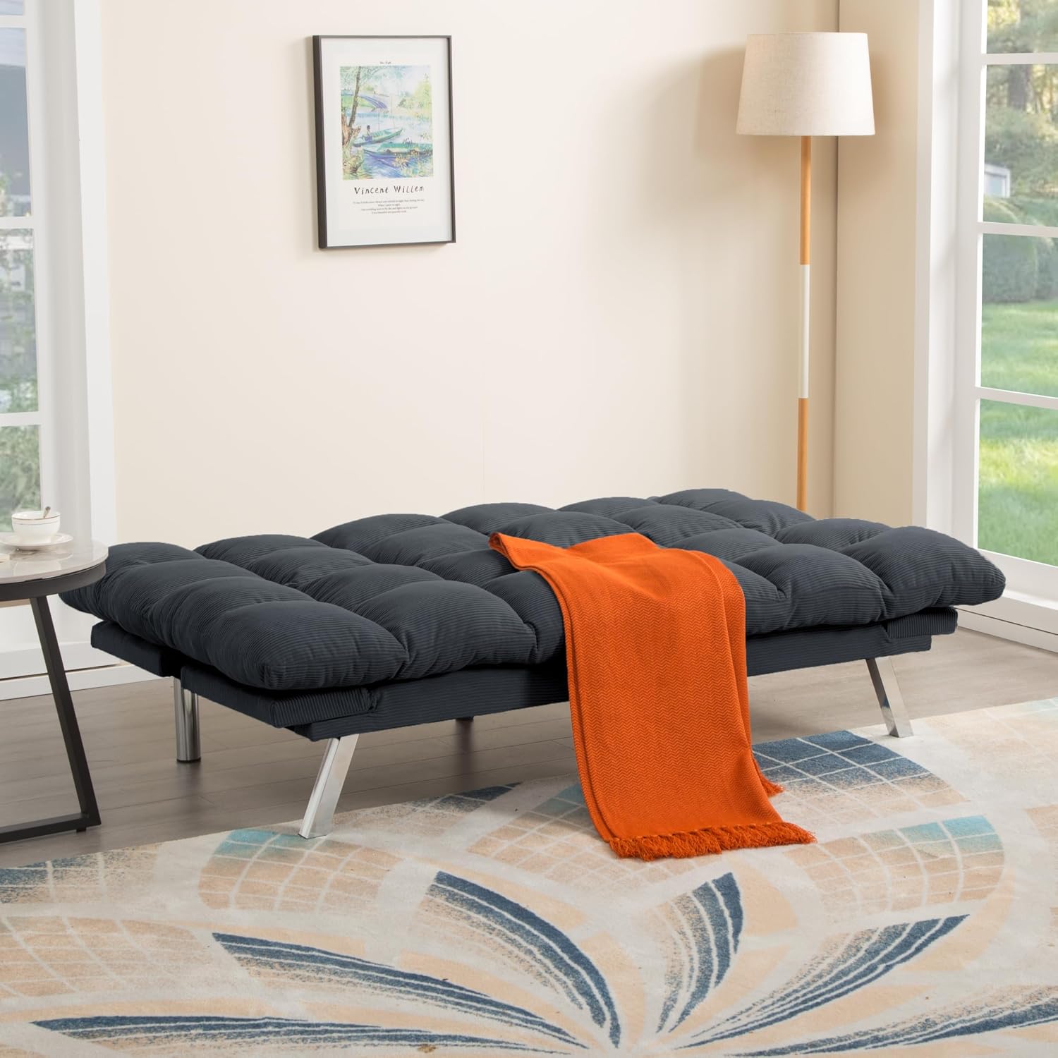 Modern Corduroy Convertible Folding Futon Couch Sofa Bed Adjustable Pillow Top Arm Memory Foam Couch Double Loveseat Sofa for Compact Living Space,Dorm,Game Studio,Apartment,Bedroom (Dark Gray)