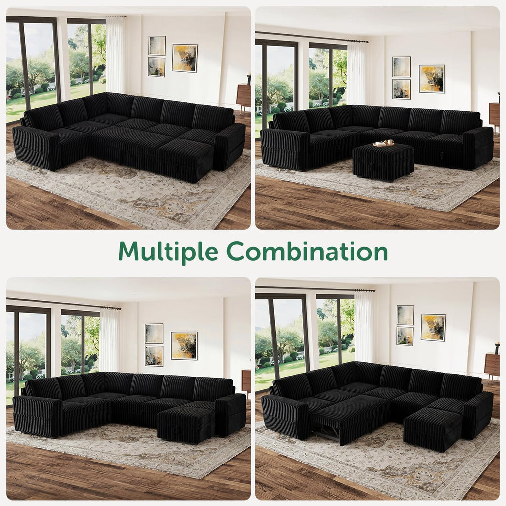 HONBAY Modular Sectional Sleeper Sofa with Pull Out Bed,Corduroy U Shaped Couch with Storage, Sectional Couches for Living Room,Black