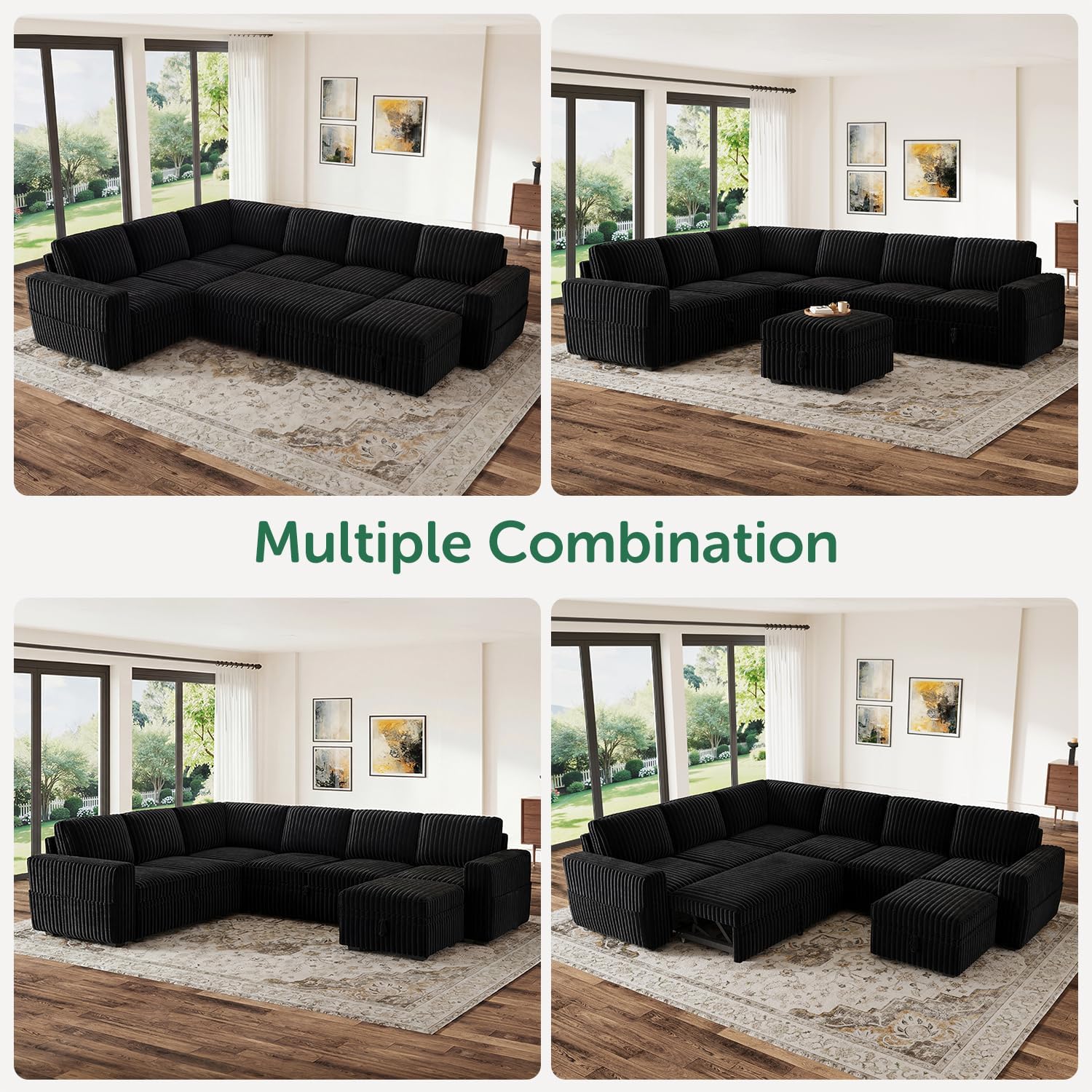 HONBAY Modular Sectional Sleeper Sofa with Pull Out Bed,Corduroy U Shaped Couch with Storage, Sectional Couches for Living Room,Black