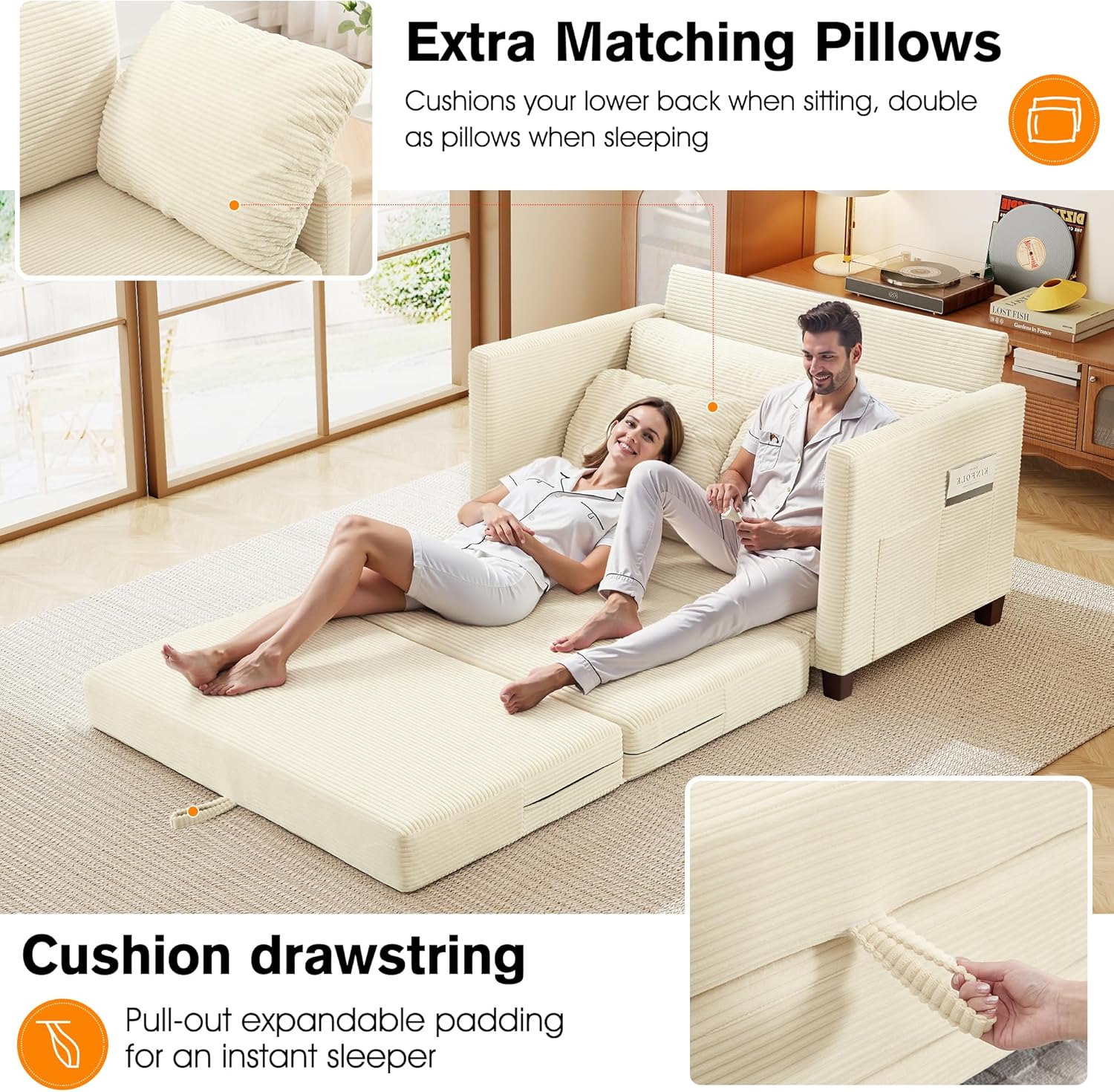 51' Loveseat Sleeper Sofa Bed, Corduroy Convertible Floor Sofa Bed for Small Spaces, Folding Couch Bed with Deep Seat, 2 Pillows & Solid Frame, Pull Out Floor Couch for Living Room, Beige
