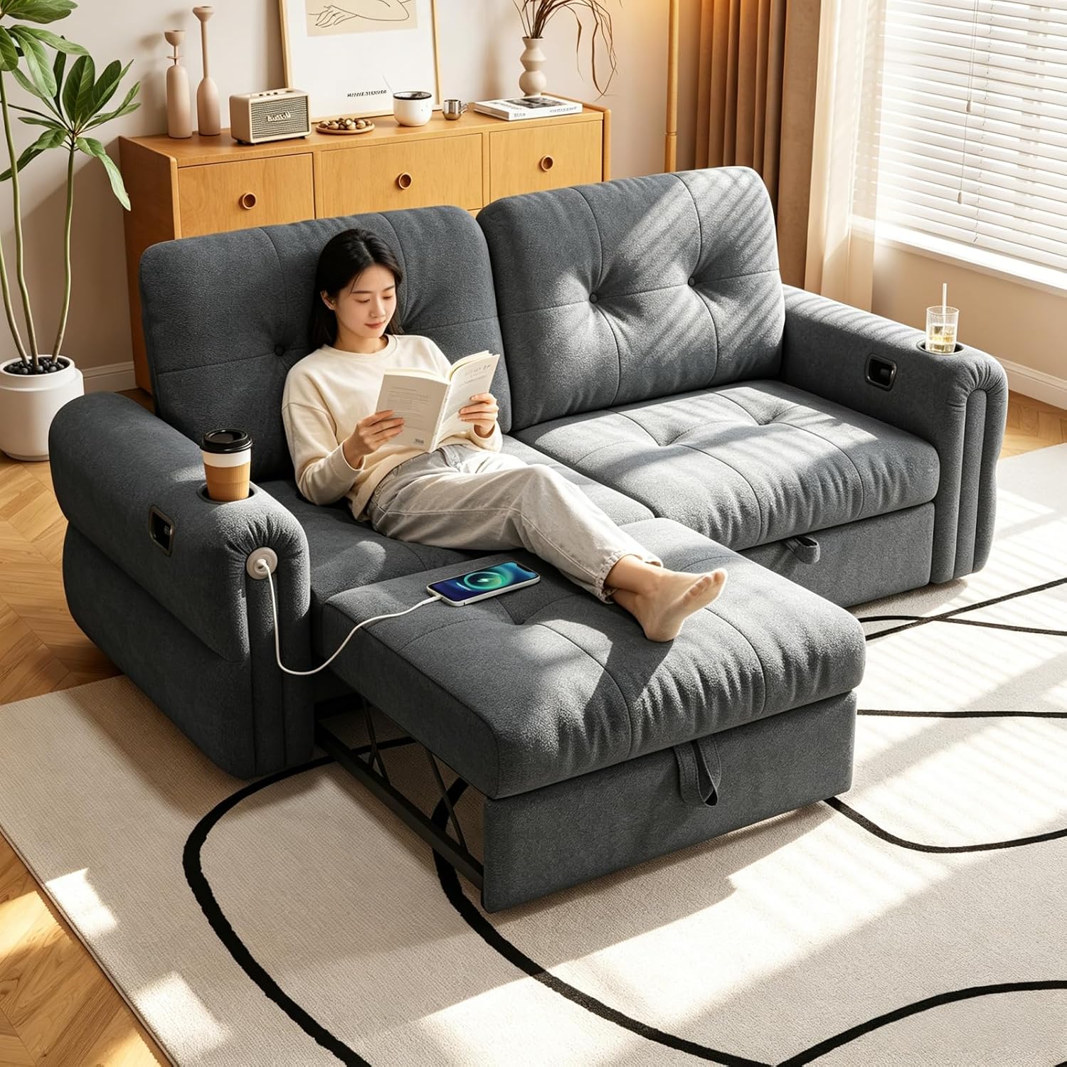 Convertible Couches, Queen Size Pull Out Sofa Bed with USB Charging Port and Cup Holders, Plannelette Fabric Convertible Sofa Bed for Small Space, Living Room, Apartment, Guest Room, Dark Grey
