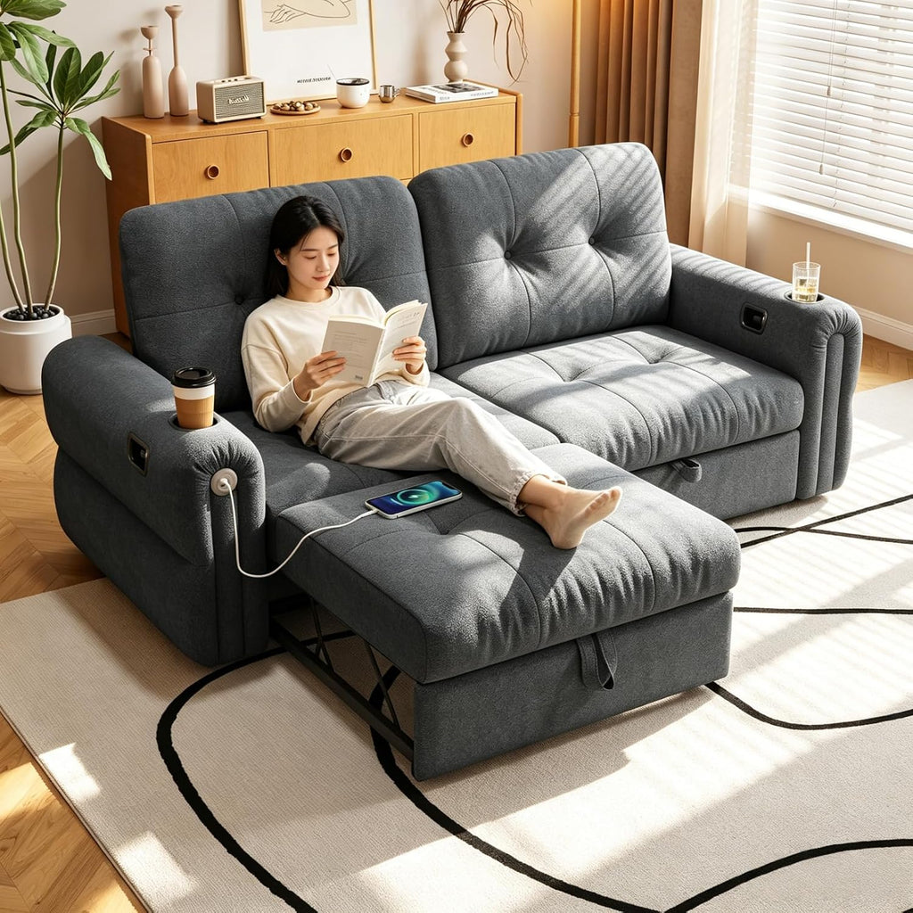 Convertible Couches, Queen Size Pull Out Sofa Bed with USB Charging Port and Cup Holders, Chenille Fabric Convertible Sofa Bed for Small Space, Living Room, Apartment, Guest Room, Dark Grey