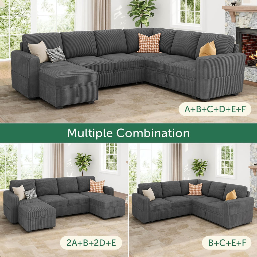 HONBAY Modular Sectional Sleeper Sofa Bed, Corduroy Pull Out Couch with Storage Ottoman, U Shaped Sectional Couches for Living Room, Dark Grey