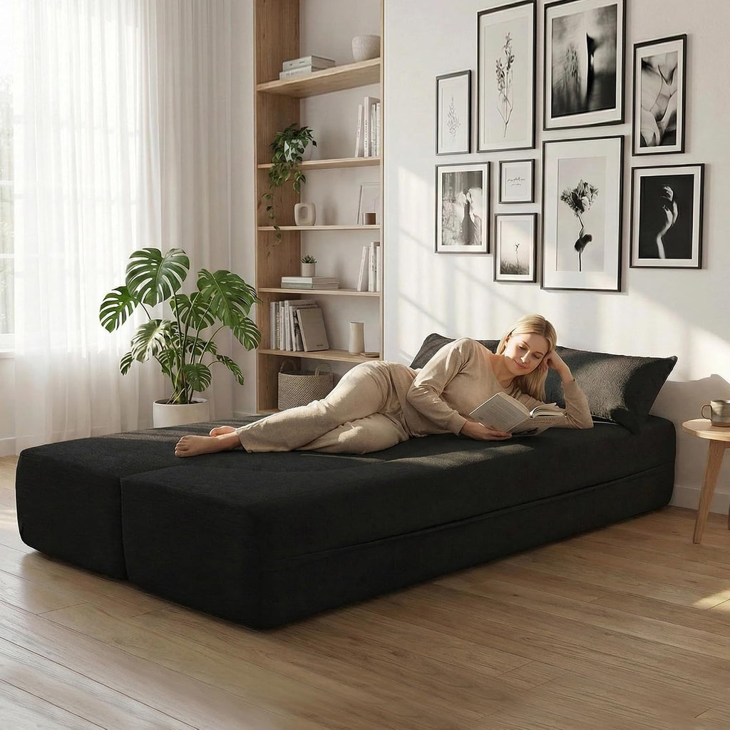 2-in-1 Convertible Sofa,78 Inch Folding Sofa Bed Pull Out Sofa with 2 Pilow Lazy Sofa, Teddy Loveseat Sleeper Floor Sofa for Apartment Children's Room Bedroom Living Room (Teddy, Black)