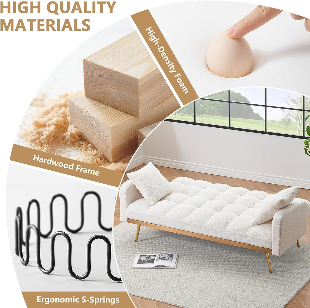 Teddy Futon Sofa Bed,69' Modern Small Love Seat Couch for Small Spaces,Convertible Tufted Sleeper Sofa Loveseat Couch Bed with Gold Metal Legs for Living Room,Bedroom (Teddy Beige)