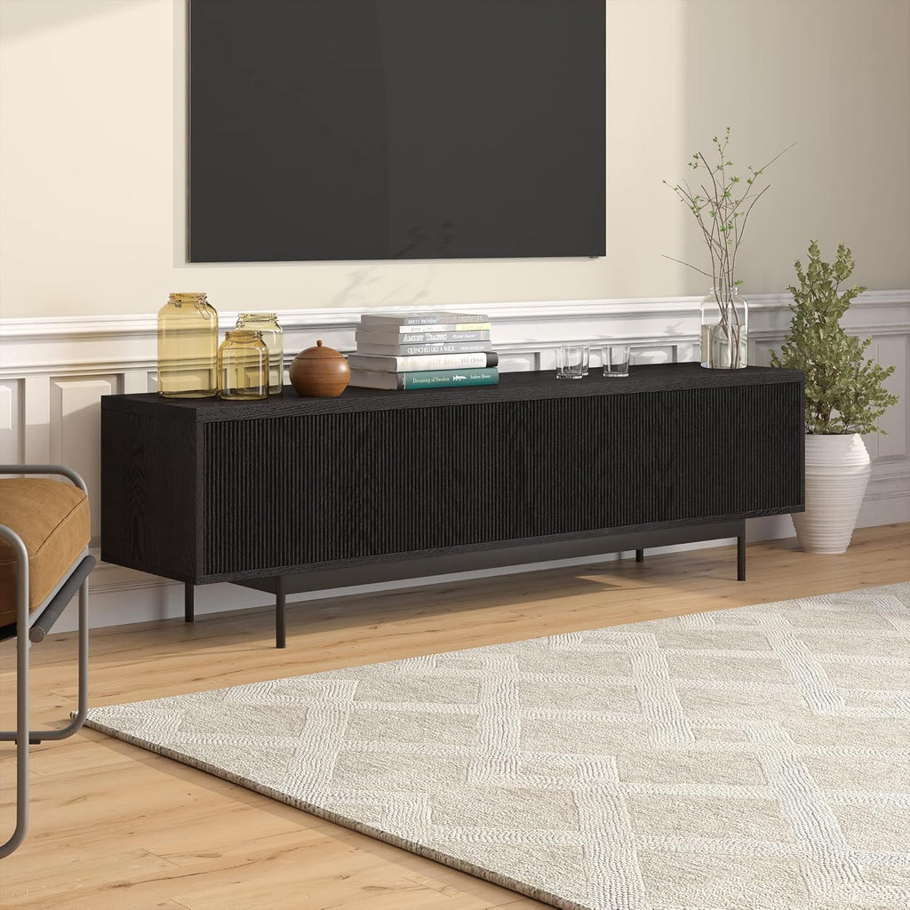 Henn&Hart Fluted TV Stand for TVs up to 75' with 2 Open-Concept Ribbed Storage Cabinets for Living Room, Family Room, or Office, Natural Black