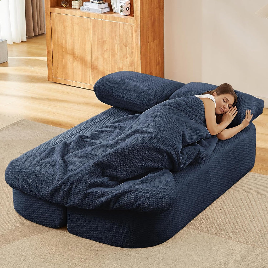Futon Sofa Bed with Blanket, Convertible Folding Boneless Compressed Faux Fur Memory Foam Floor Loveseat Sleeper Sofa Couch Full Size Bed with Pillows for Guest Room Living Room Small Space, Blue