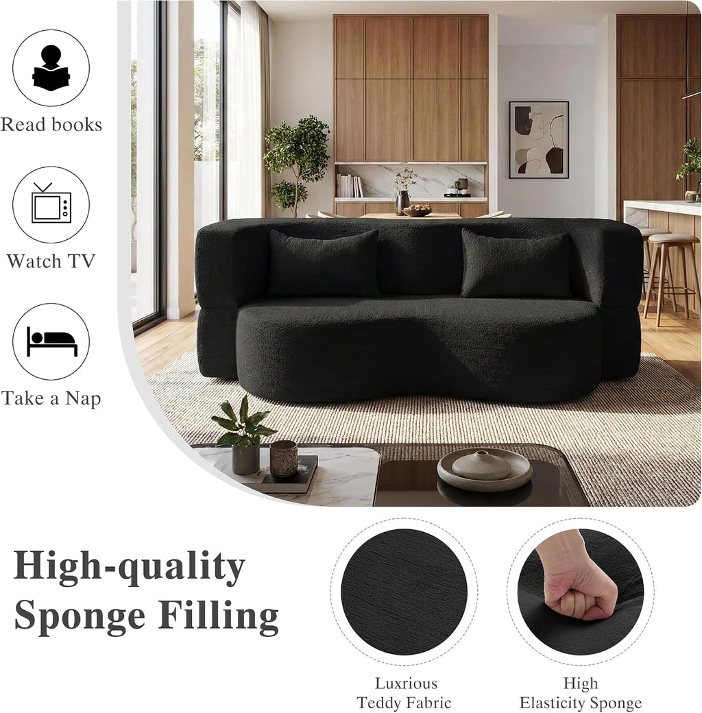 2-in-1 Convertible Sofa,78 Inch Folding Sofa Bed Pull Out Sofa with 2 Pilow Lazy Sofa, Teddy Loveseat Sleeper Floor Sofa for Apartment Children's Room Bedroom Living Room (Teddy, Black)