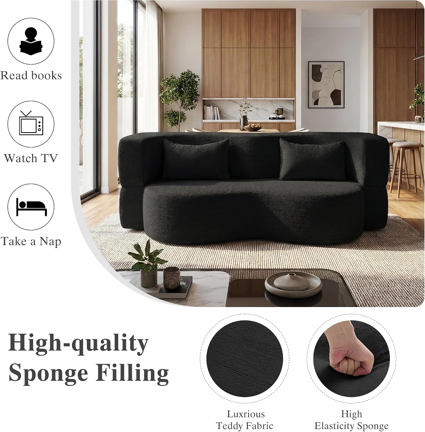 2-in-1 Convertible Sofa,78 Inch Folding Sofa Bed Pull Out Sofa with 2 Pilow Lazy Sofa, Teddy Loveseat Sleeper Floor Sofa for Apartment Children's Room Bedroom Living Room (Teddy, Black)