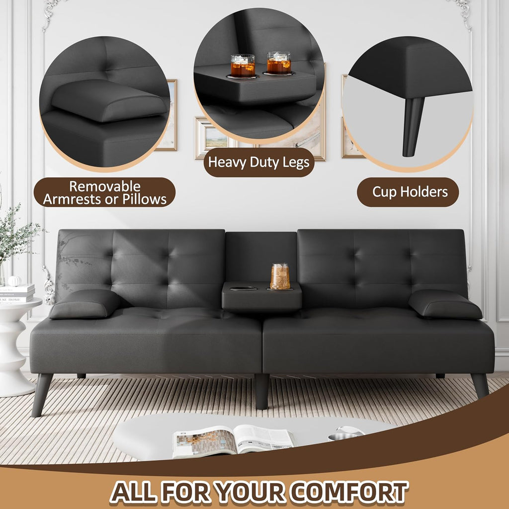 JAMFLY Futon Sofa Bed, Modern Convertible Folding Loveseat - Multi-Functional Recliner with 3-Angle Adjustment, Detachable Armrests with Cup Holders - Ideal for Small Spaces, Black Leather