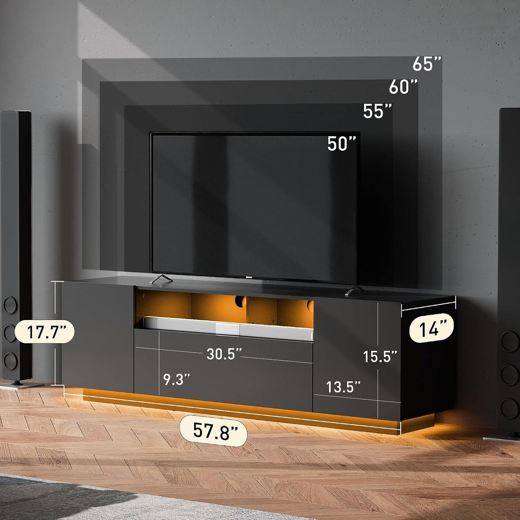 WLIVE Modern TV Stand for 65 Inch TV, Entertainment Center with LED Lights & Large Storage Cabinets, Sturdy Media Console for Living Room, Bedroom, Gaming(Black)