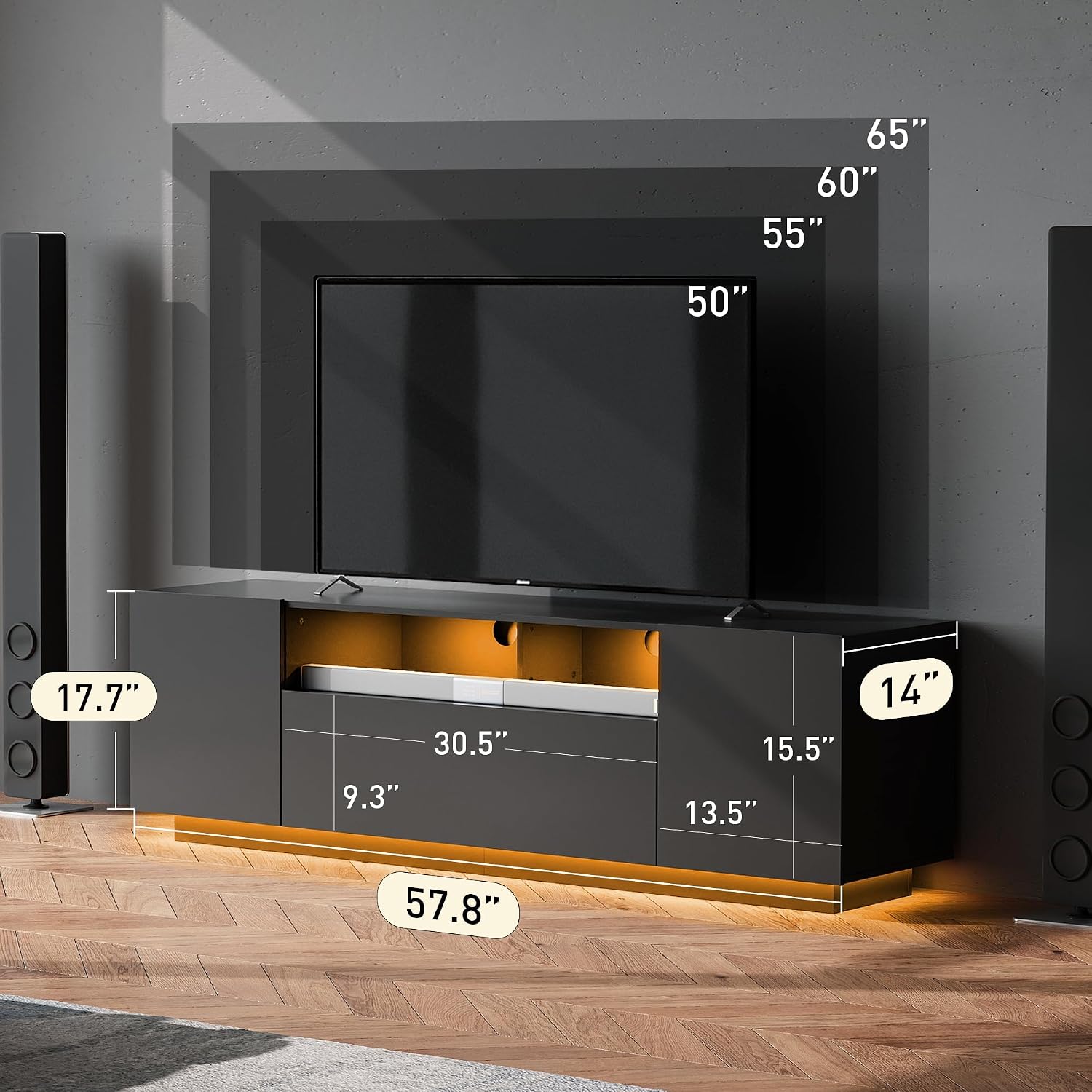 WLIVE Modern TV Stand for 65 Inch TV, Entertainment Center with LED Lights & Large Storage Cabinets, Sturdy Media Console for Living Room, Bedroom, Gaming(Black)