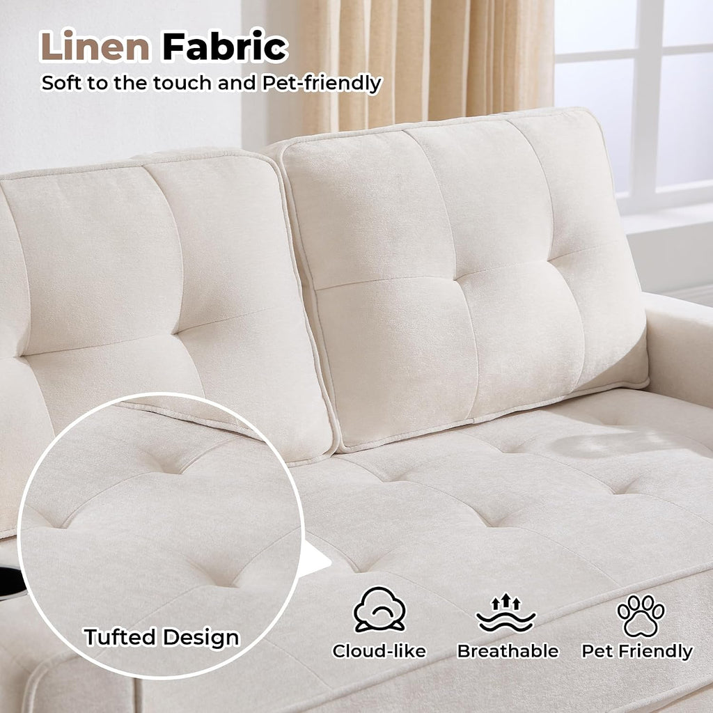 Convertible Sofa Bed, Pull Out Loveseat Sleeper Couch,Linen Fabric 2 in 1 Folding Couch Bed, Fold Out Floor Futon Couches with Cup Holder for Living Room, Bedroom,Small Space, Beige