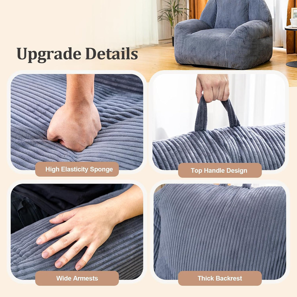 Lamerge Ergonomic Bean Bag Chair for Adults, Faux Fur Fluffy Sofa Chair with High-Density Memory Foam, Grey Comfy Bean Bag Couch for Reading, Gaming (38' Bean Bag Chair)