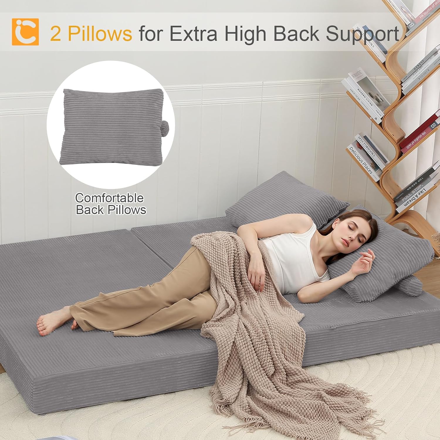 COMAX Convertible Sofa Bed, Folding Floor Couch Corduroy Fold Out Couch Bed Futon Sleeper Mattress with Pillows, Boneless Sofa Comfy Lounge Loveseat for Living Room Bedroom, Light Grey