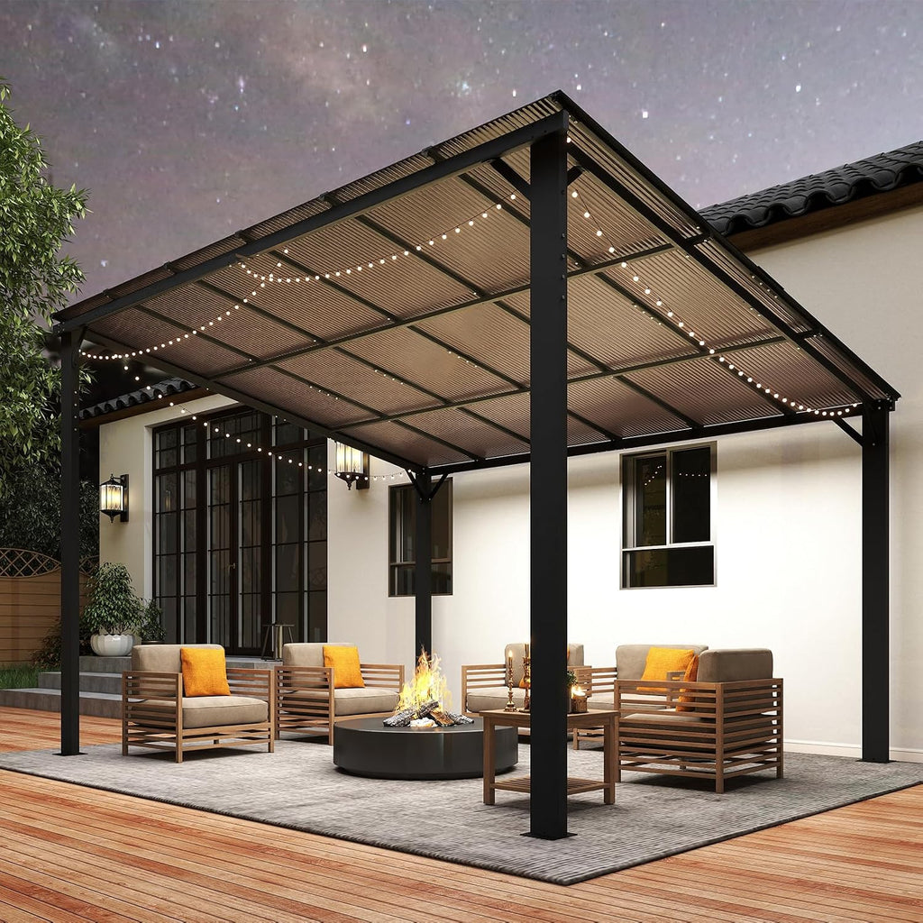 10'×12' Patio Gazebo with Waterproof Fuzzy Strip, Innovative Base Support Pergola, Wall Mounted Gazebo for Backyard, Decks, Garden