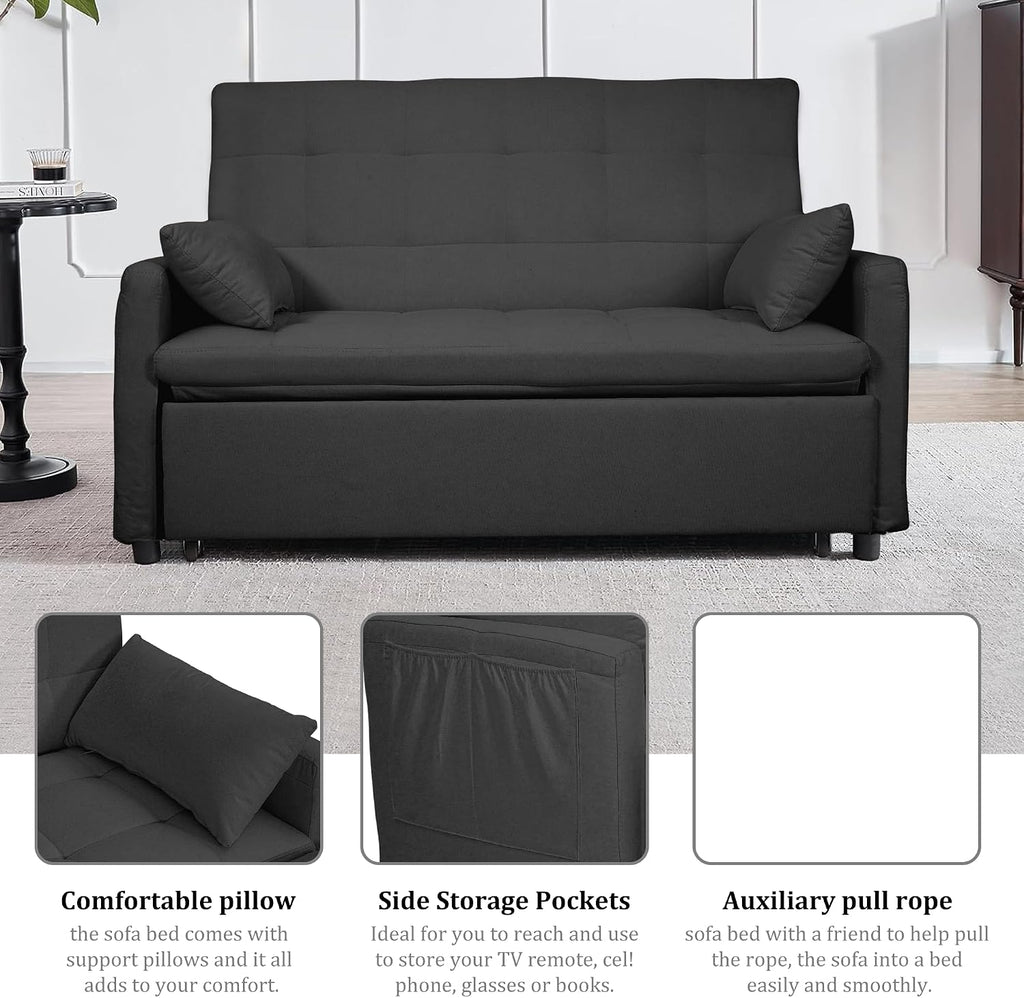 Oversized 3-in-1 Convertible Sleeper Sofa Bed, Futon Couch with Pullout Bed, 2-Seater Loveseat Sofa w/Pockets, Adjustable Backrest and Pillows for Living Room Apartment (Gray-Button Tufted)