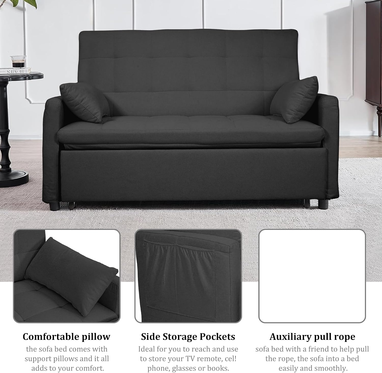 Oversized 3-in-1 Convertible Sleeper Sofa Bed, Futon Couch with Pullout Bed, 2-Seater Loveseat Sofa w/Pockets, Adjustable Backrest and Pillows for Living Room Apartment (Gray-Button Tufted)