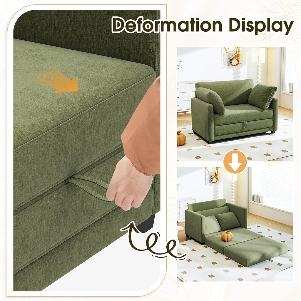 51' Convertible Loveseat Sofa Bed, 2 in1 Folding Sofa Bed, Loveseat Sleeper Sofa for Small Spaces, Fold Out Floor Couch with 2 Pillows for Apartment, Living Room & Guest Room, Green Chenille Fabric